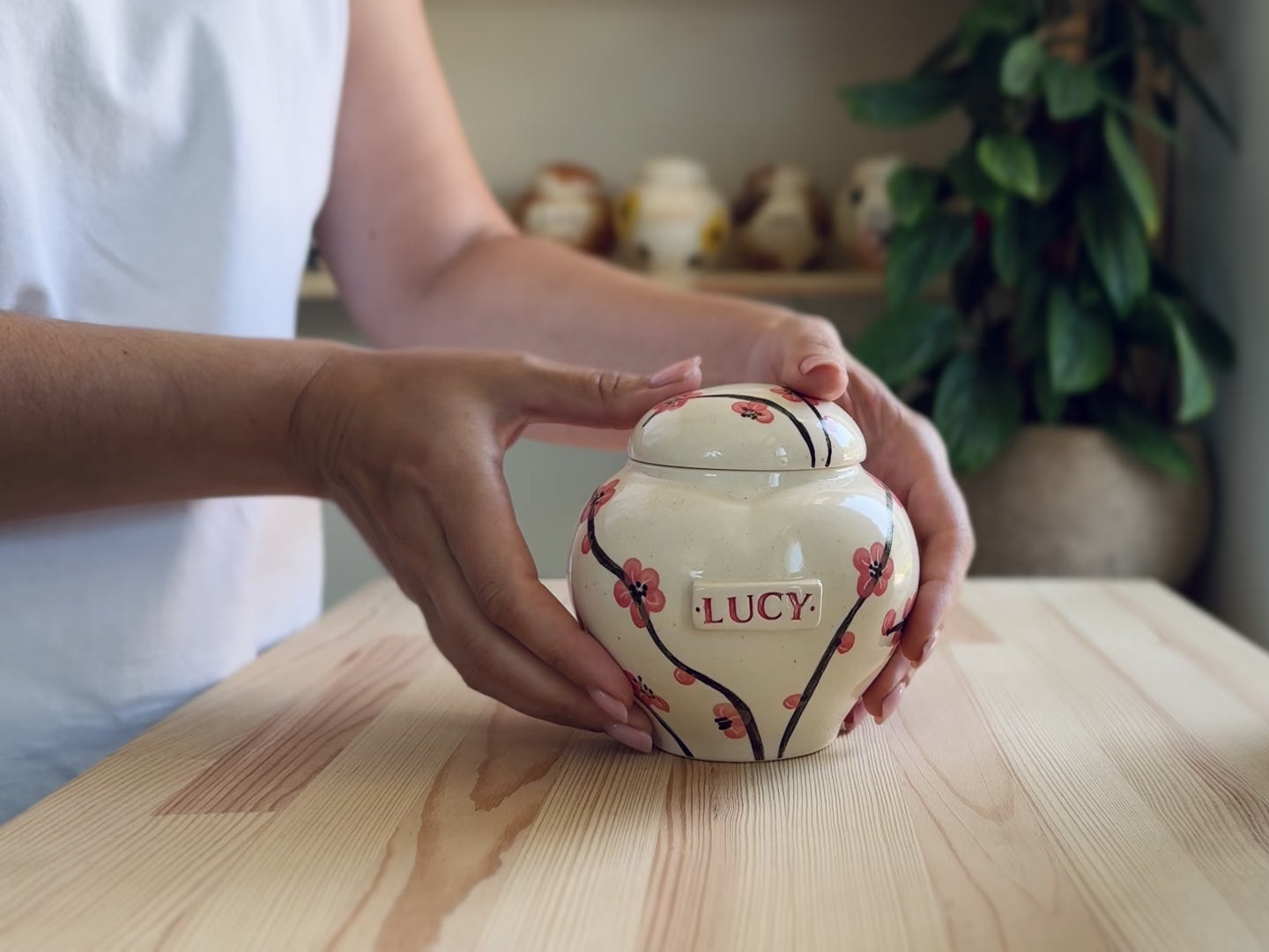 Sakura Flower Heart Ceramic Urn – Pet Memorial or Handmade Urn for Adults