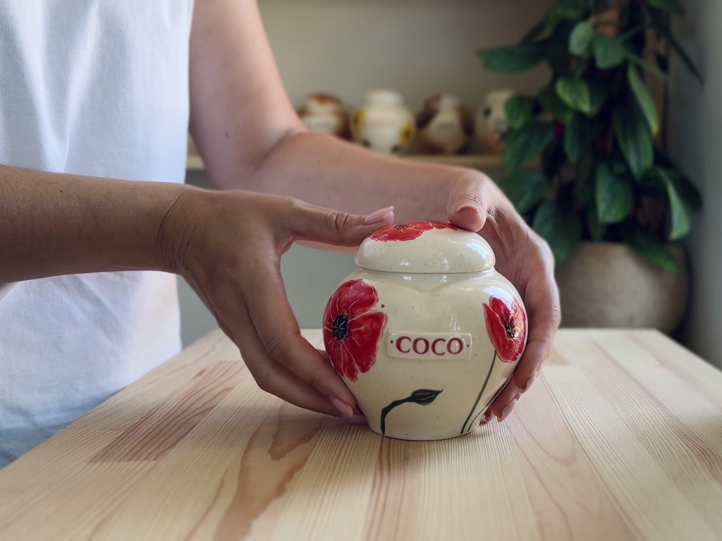 Poppy Flower Heart-Shaped Ceramic Urn – Pet Memorial or Handmade Urn for Adults