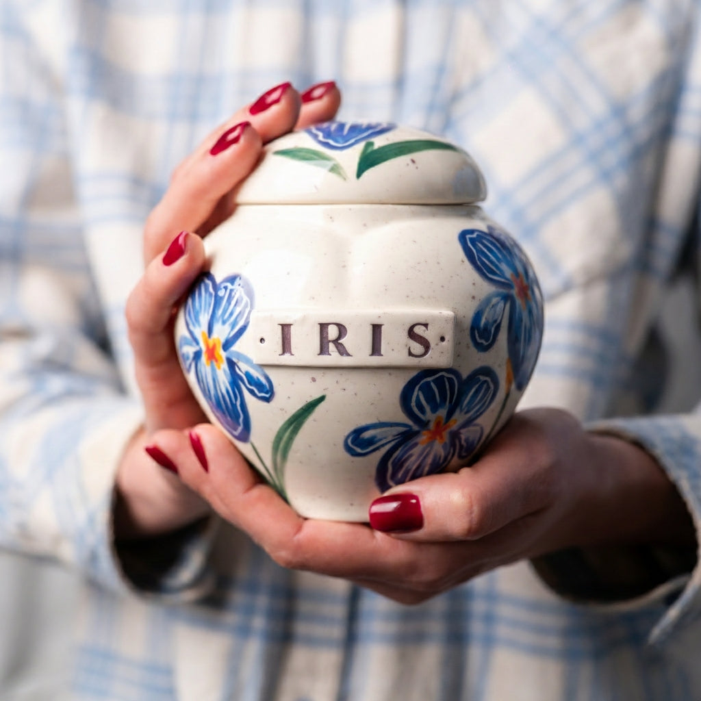 Blue Iris Heart Ceramic Urn | Memorial Keepsake for Mother or Dad Ashes | February Birth Flower | Mira Ceramics