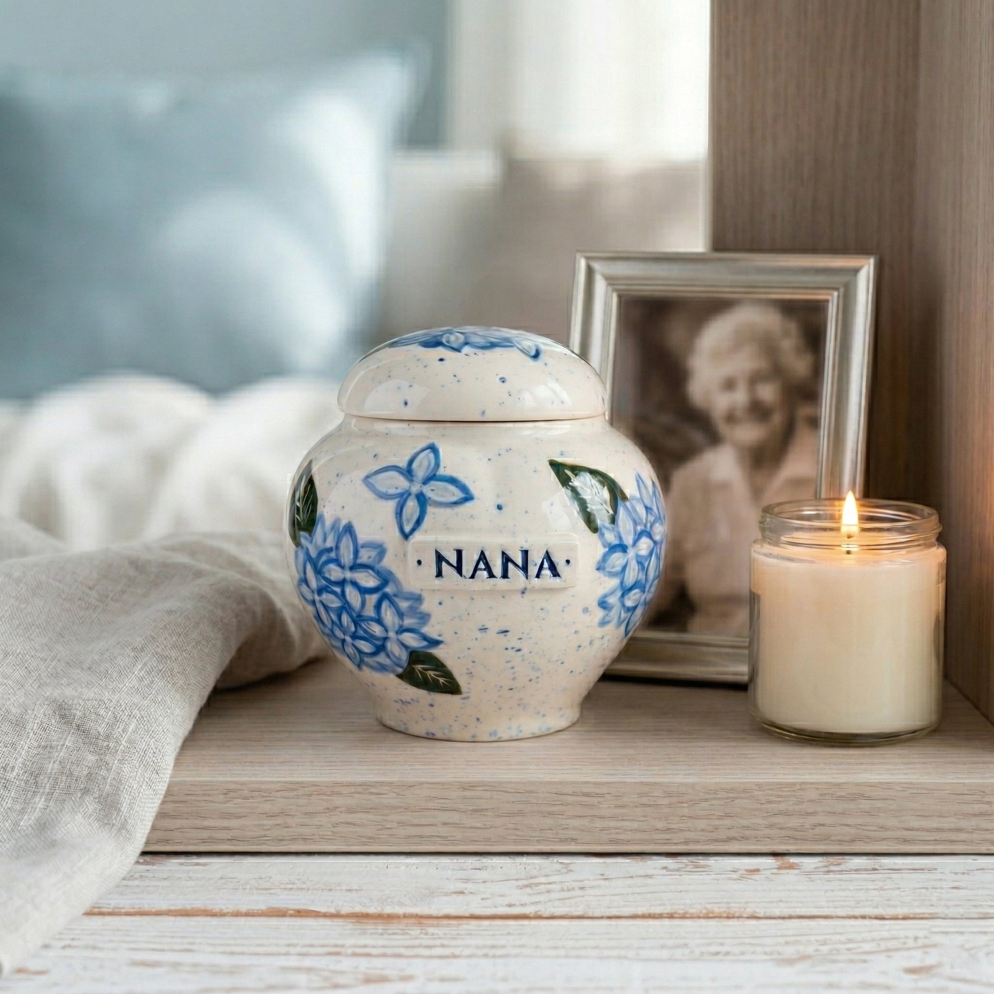 Hydrangea ceramic heart urn in a serene and elegant memory corner