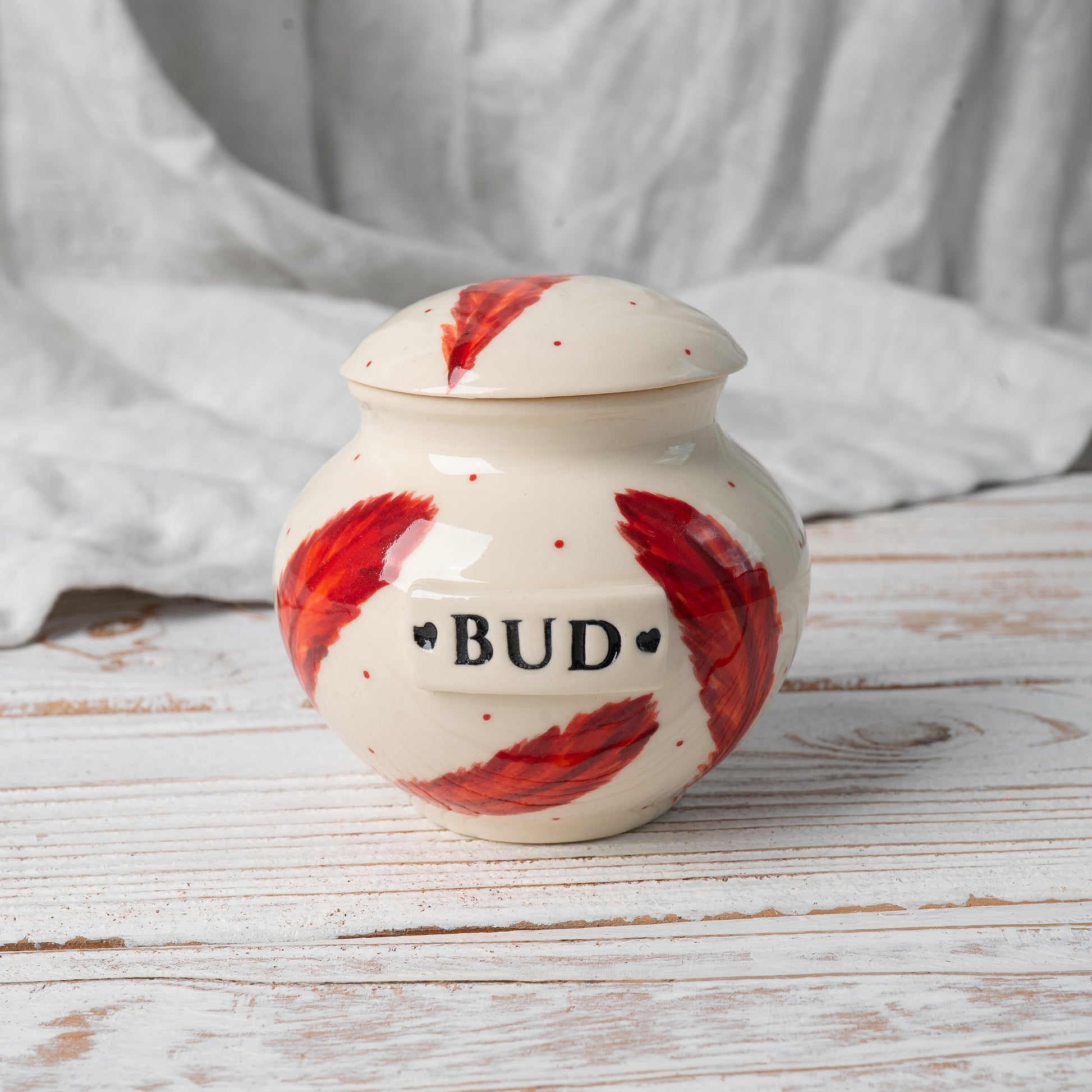 Parrot urn with red feather print