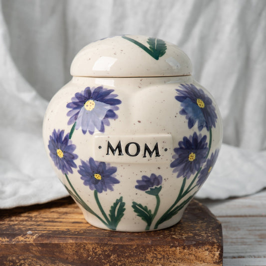Aster heart-shaped ceramic urn for ashes with September birth flower design front view