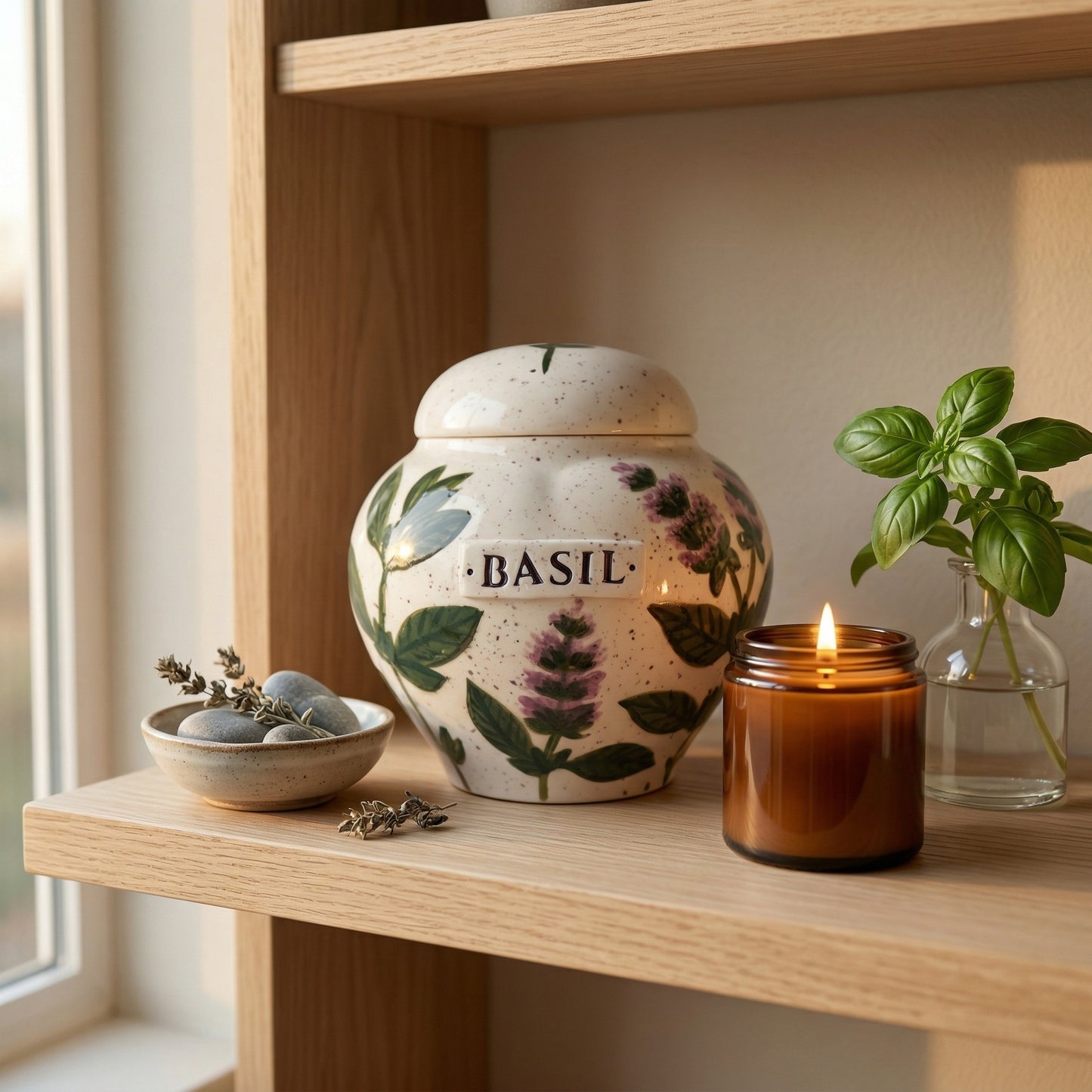 A serene home memorial setup with a basil leaf ceramic heart urn on a wooden shelf next to a small plant.
