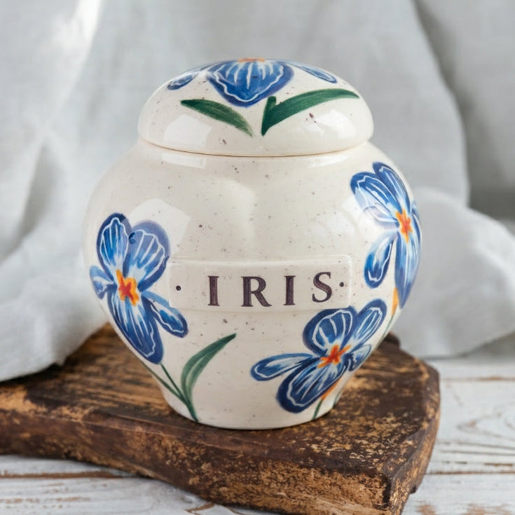 Blue iris heart-shaped ceramic keepsake urn for mother or dad ashes front view