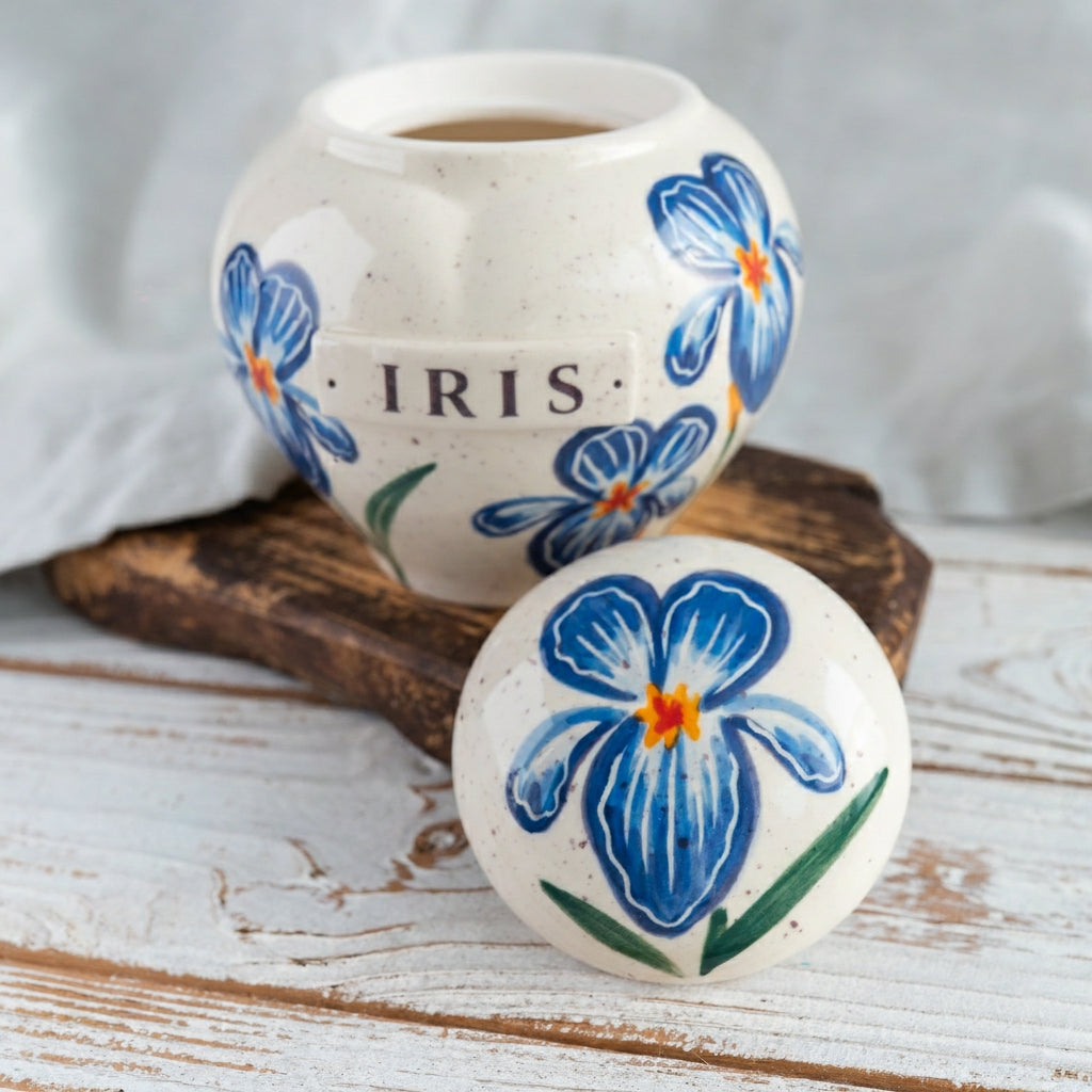 Custom blue iris ceramic urn for mother or dad shown open revealing inner chamber for ashes