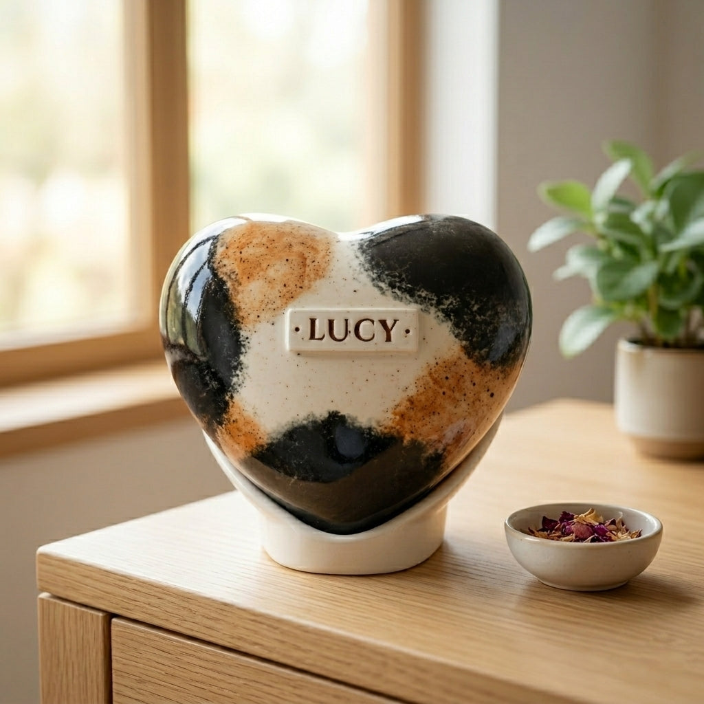 Personalized calico cat heart urn on a matching stand, displayed in a bright, cozy home interior