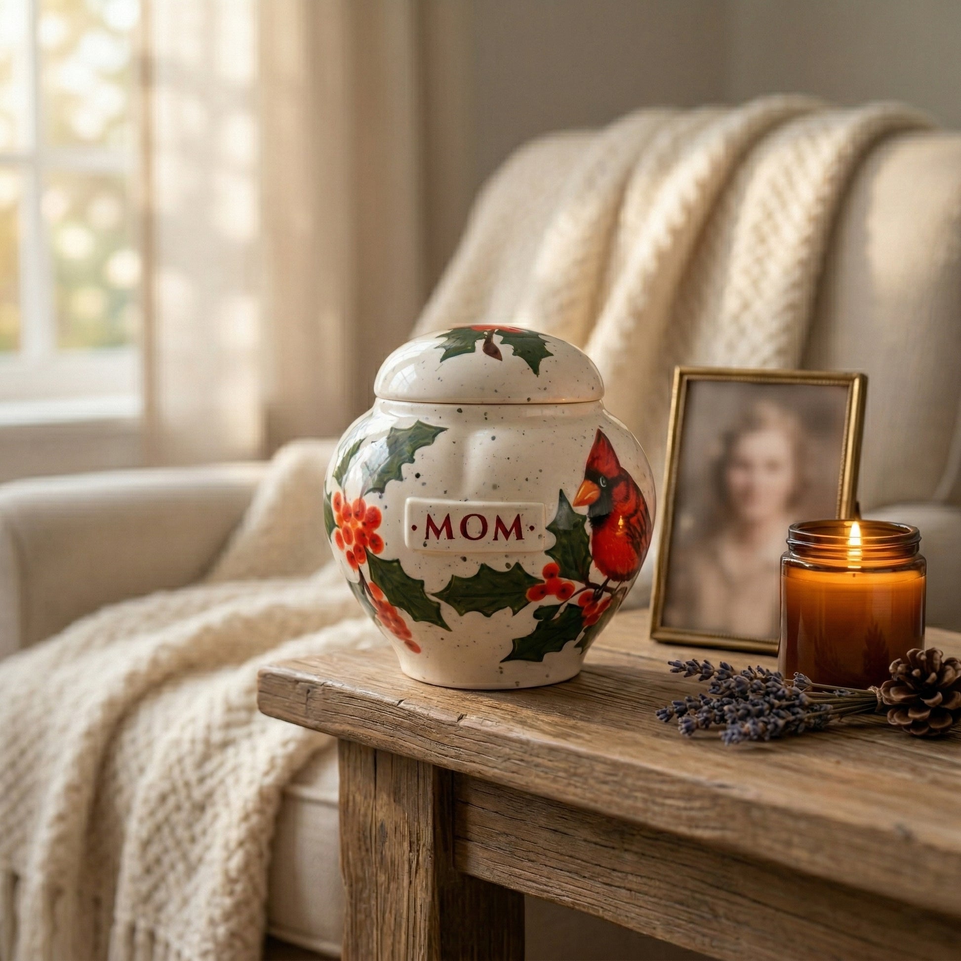 A serene home memorial display with a cardinal bird pot-style heart urn on a light stone console table.