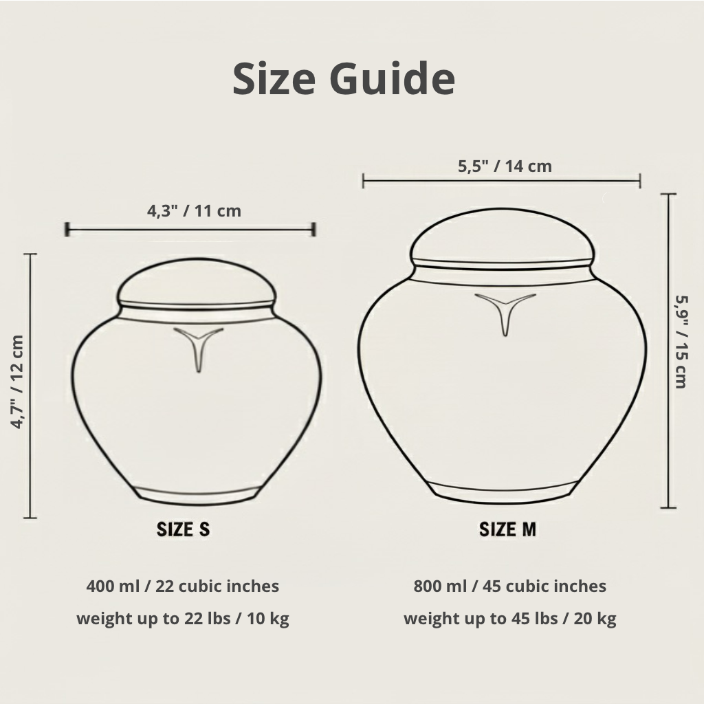 Size guide and dimensions for small and medium ceramic pet urns