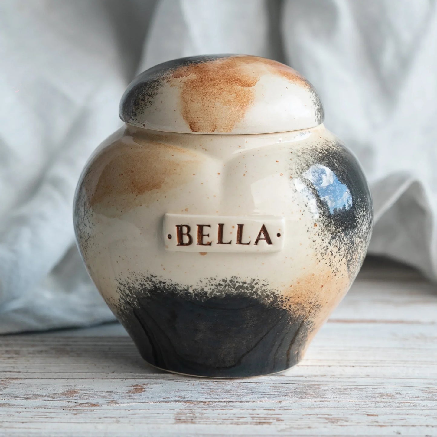 Hand-painted Calico cat ceramic heart urn