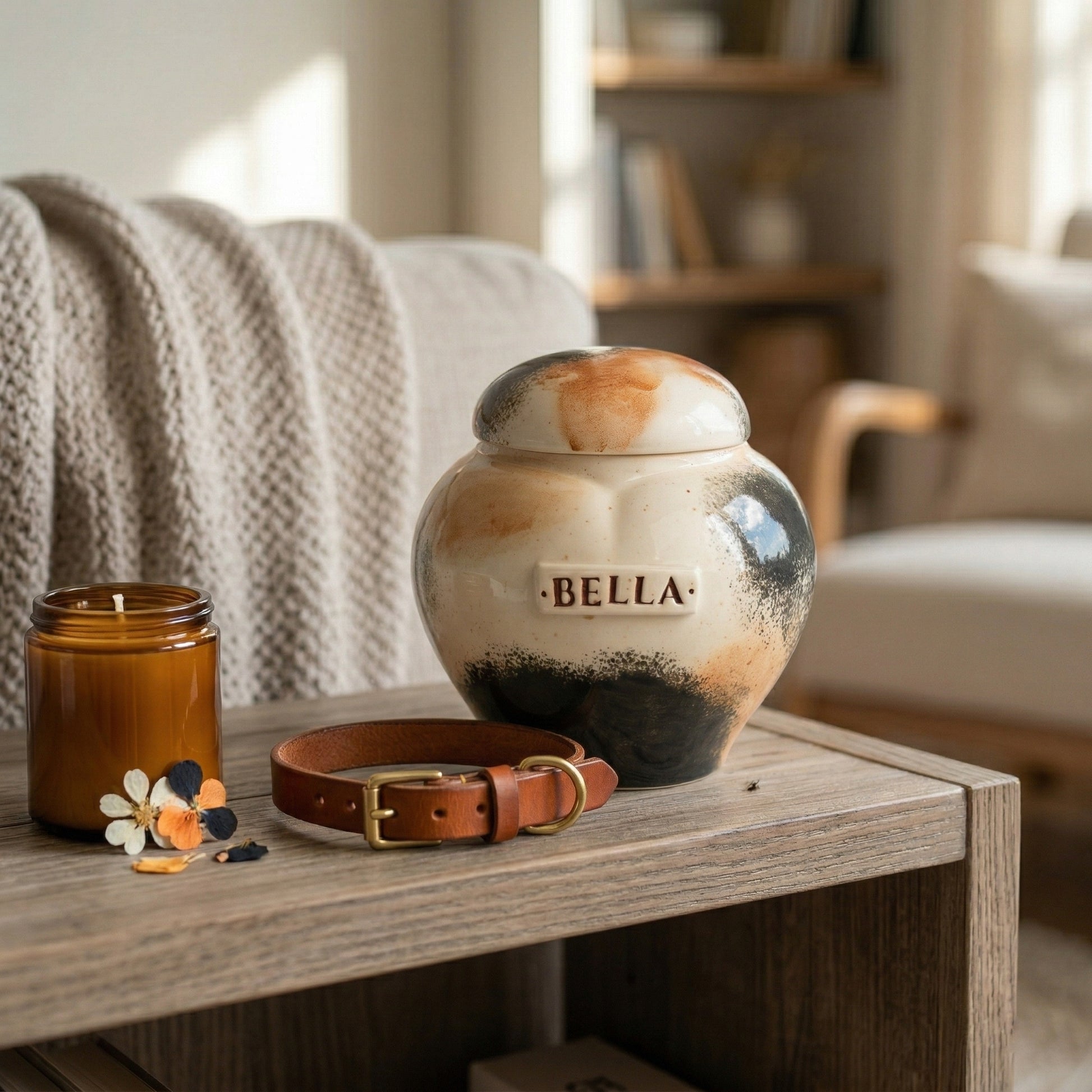 Calico cat ceramic heart urn in a cozy memory corner