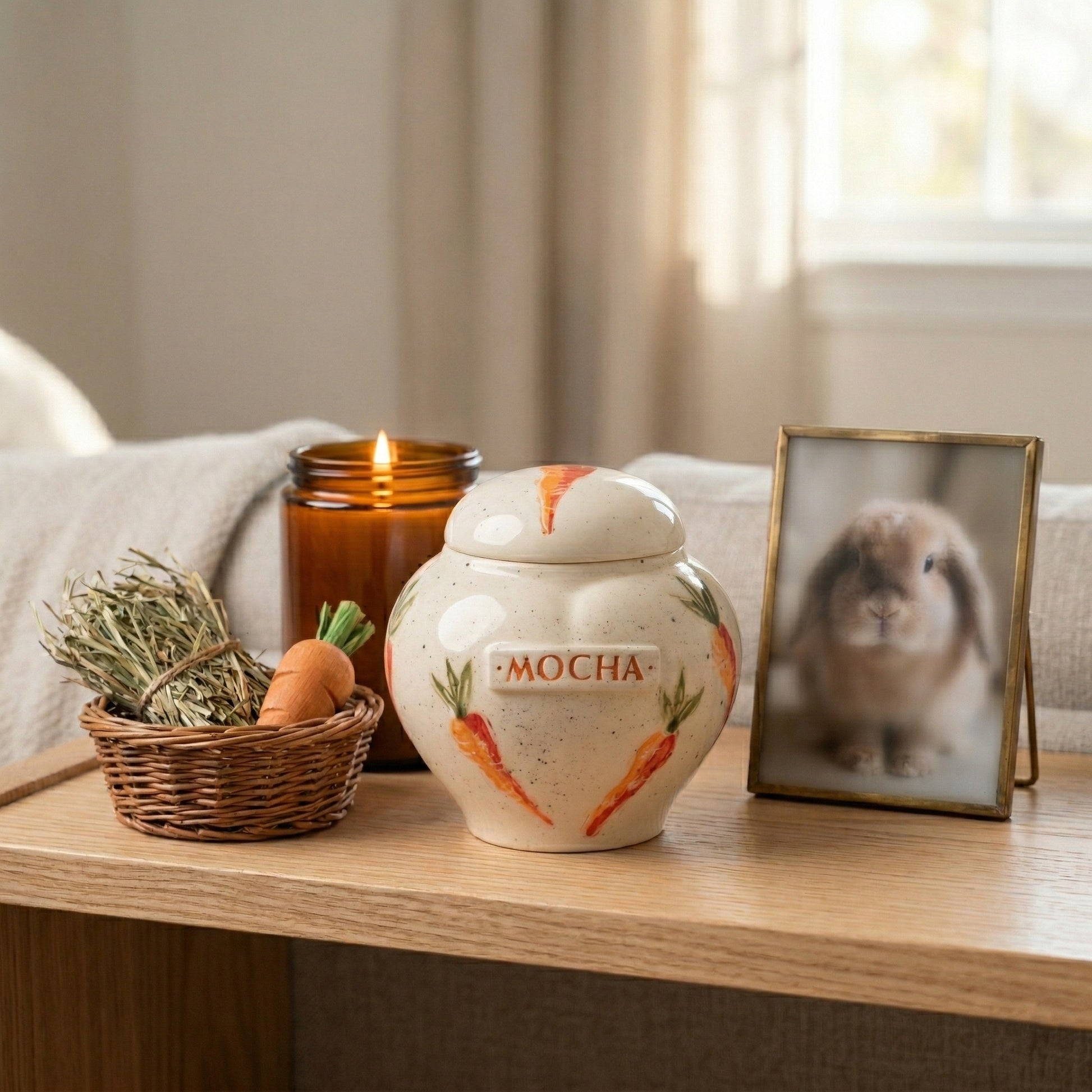 Carrot rabbit ceramic heart urn in a cozy memory corner