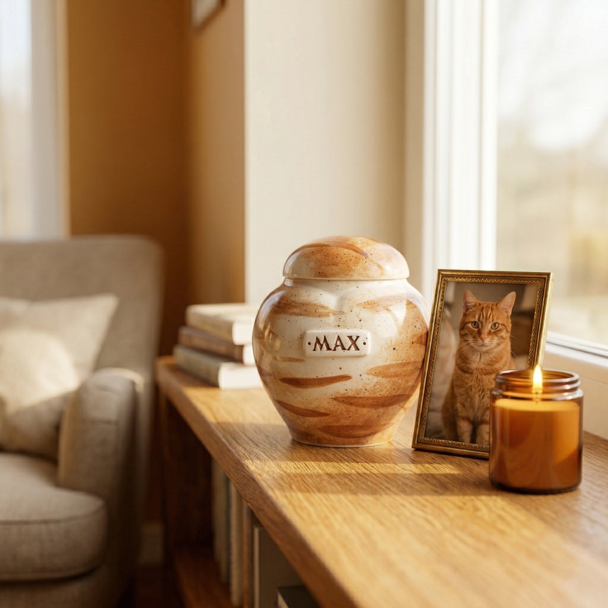 Ginger cat ceramic heart urn in a warm and sunny memory corner