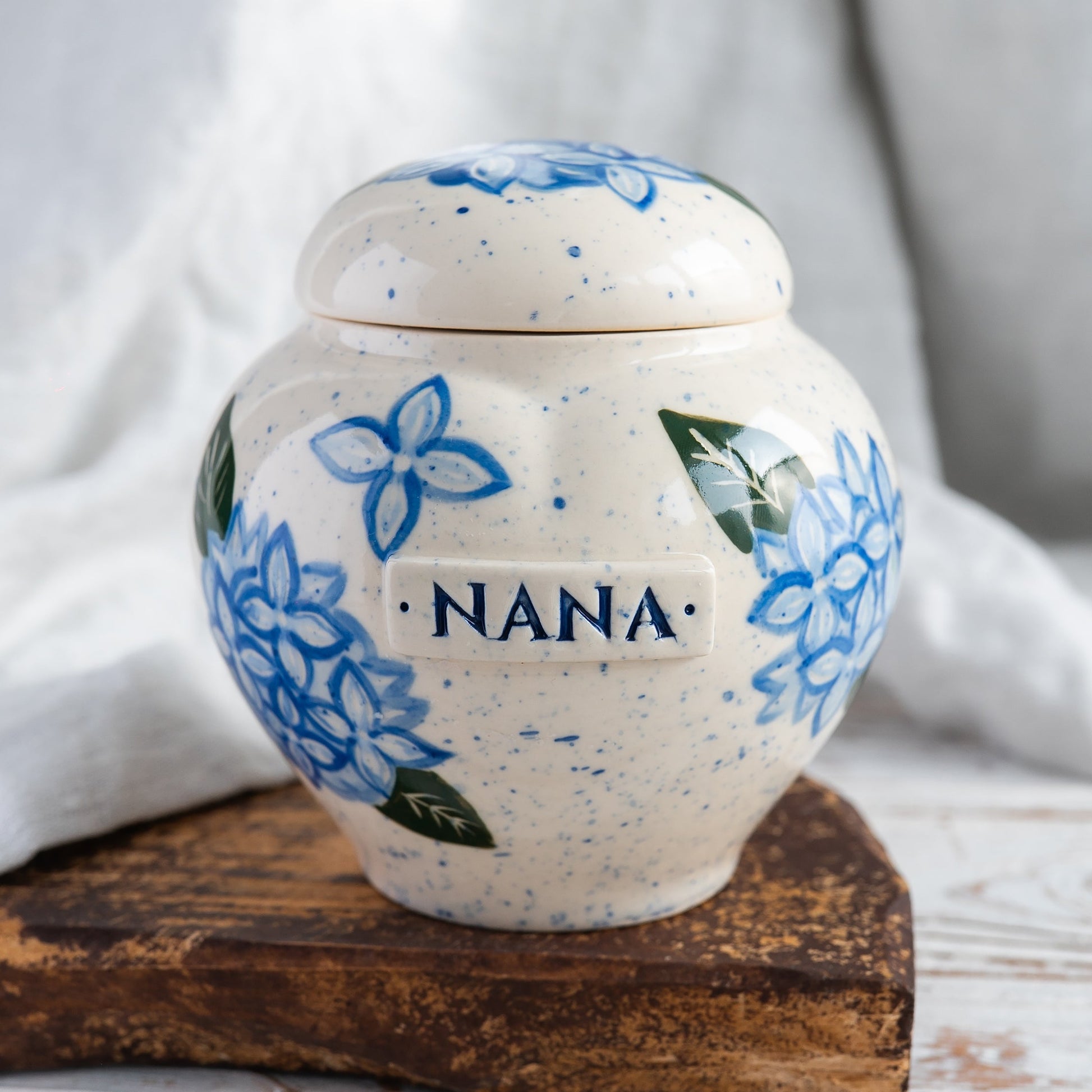 Hand-painted hydrangea ceramic heart urn