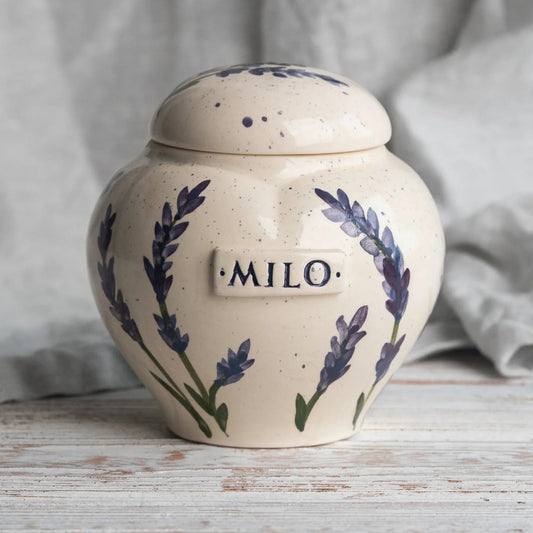 Hand-painted lavender ceramic heart urn by Mira Ceramics