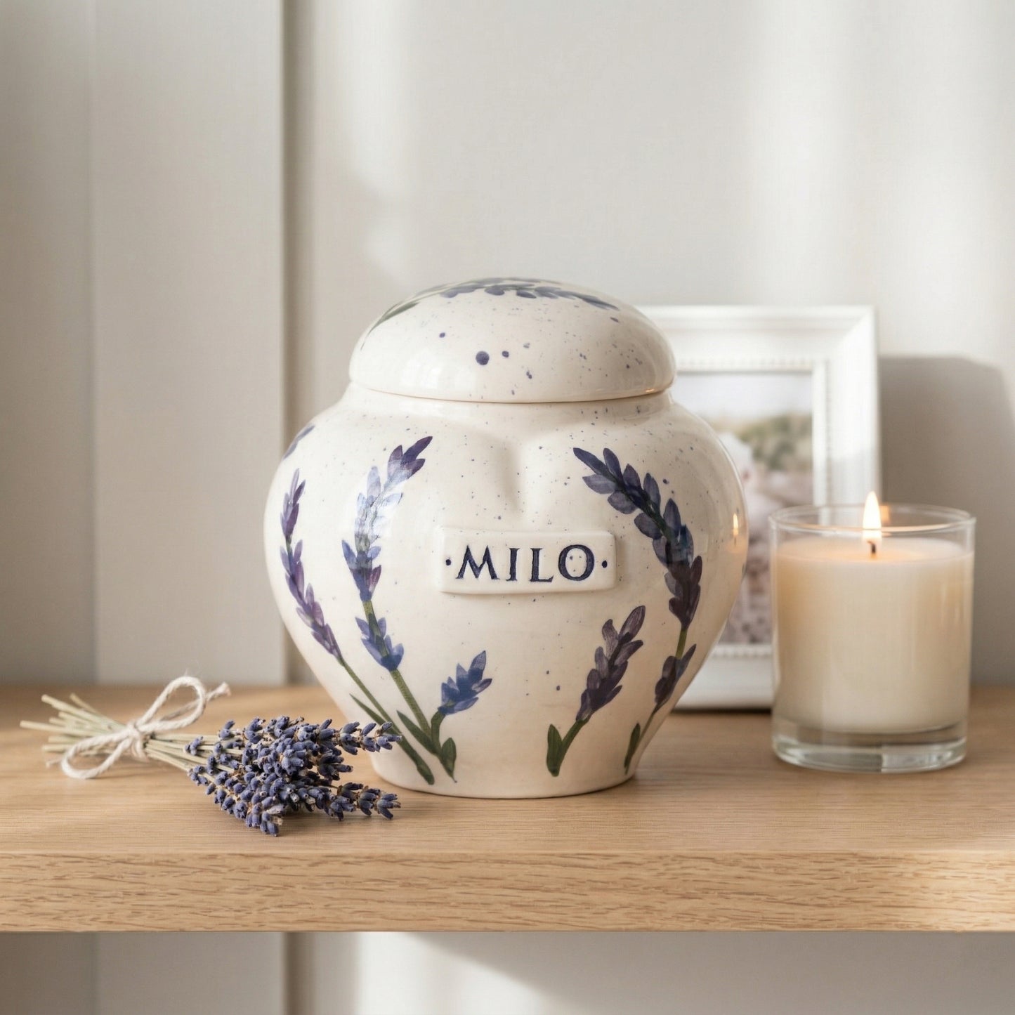 Lavender ceramic heart urn in a serene and peaceful memory corner