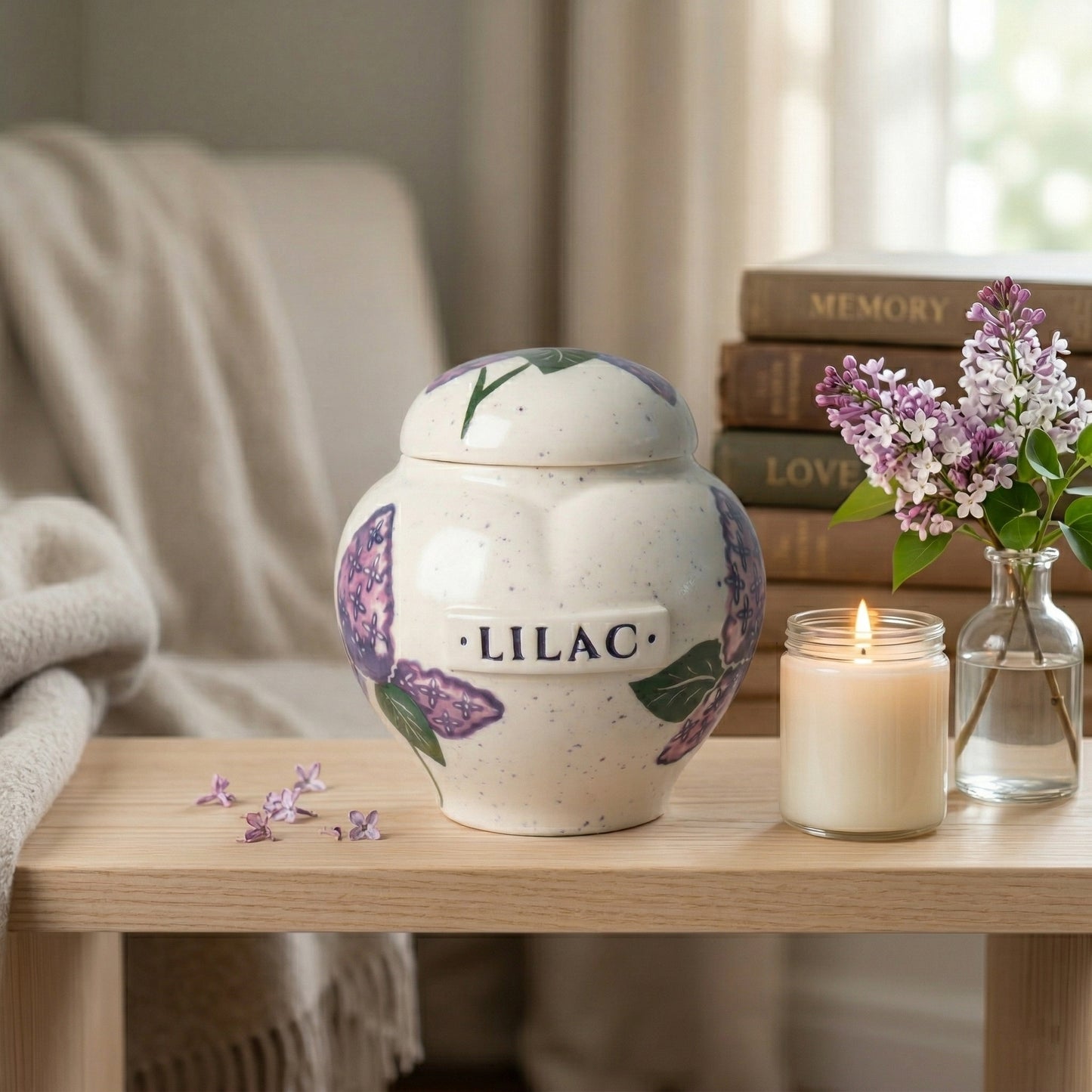 Lilac ceramic heart urn in a peaceful memory corner.