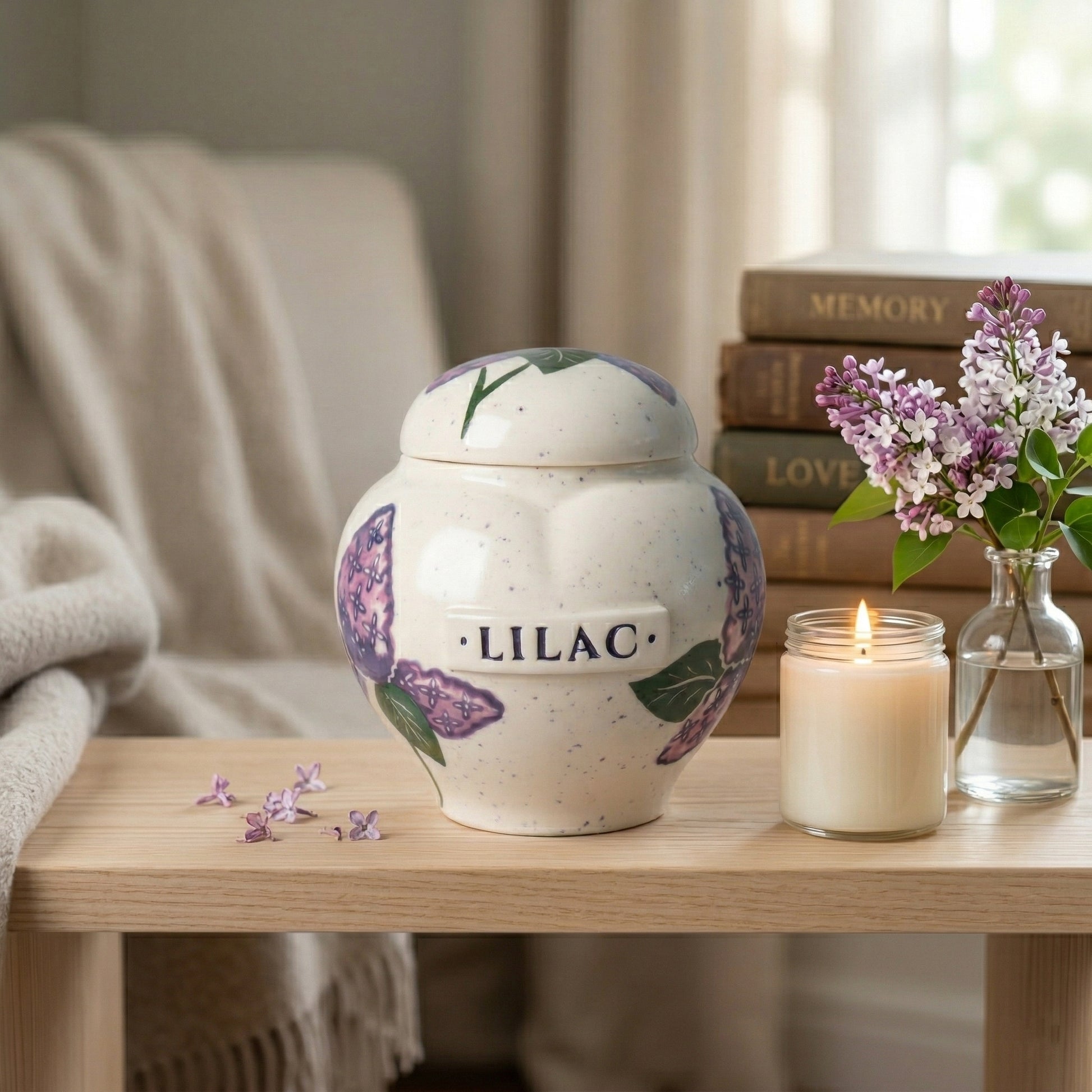 Lilac ceramic heart urn in a peaceful memory corner.