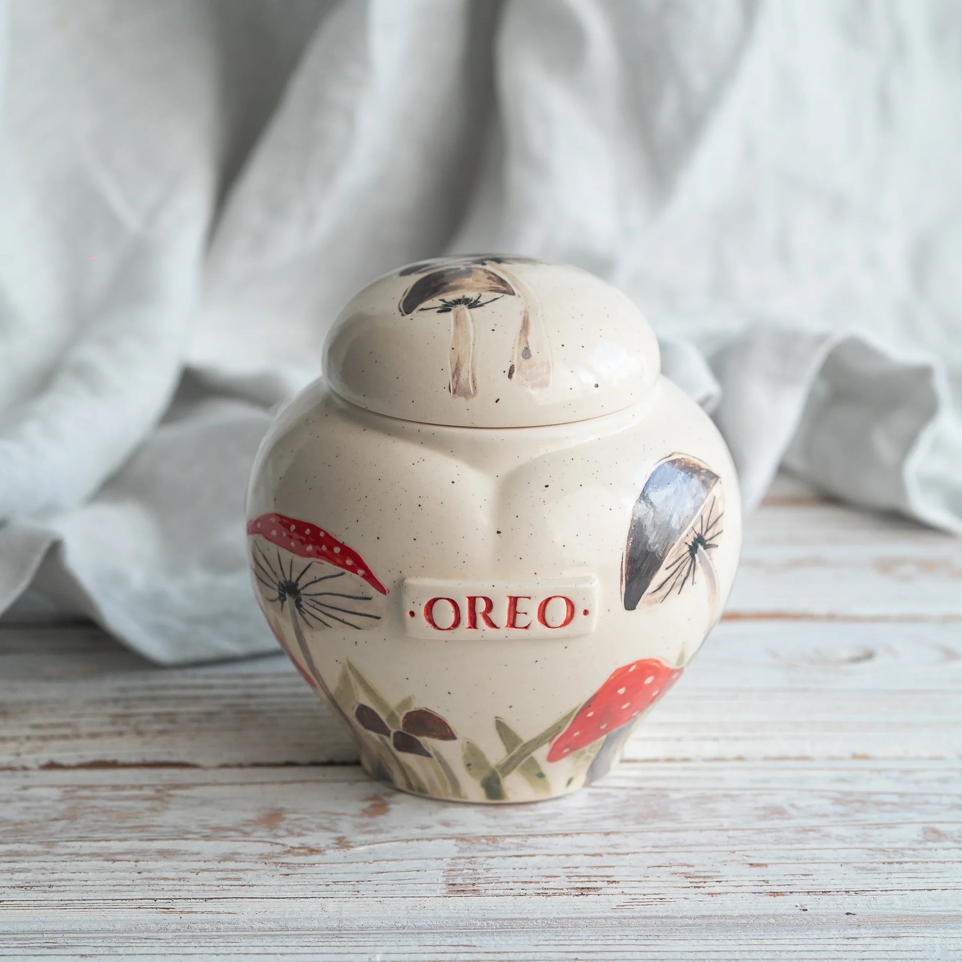 Hand-painted mushrooms ceramic heart urn