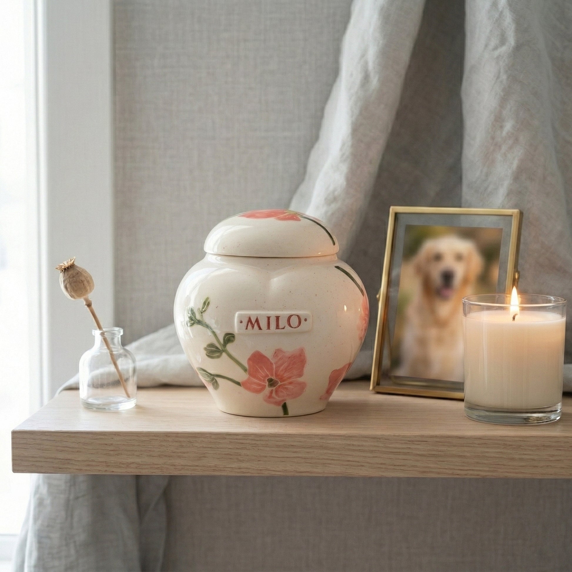 Orchid ceramic heart urn in an elegant and serene memory corner