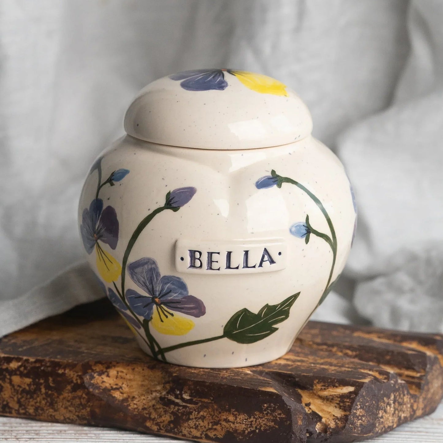 Hand-painted pansies ceramic heart urn