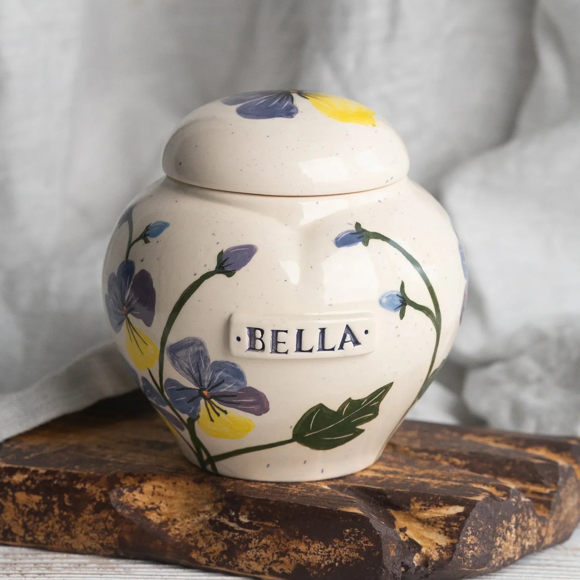 Hand-painted pansies ceramic heart urn