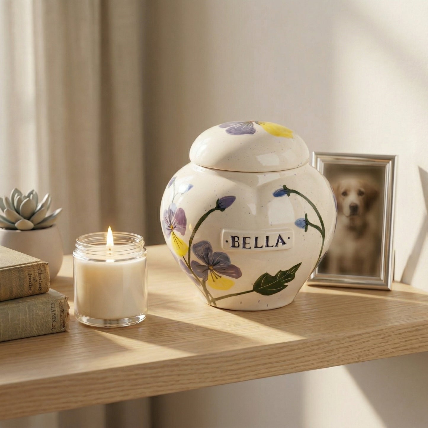 Pansies ceramic heart urn in a warm and thoughtful memory corner