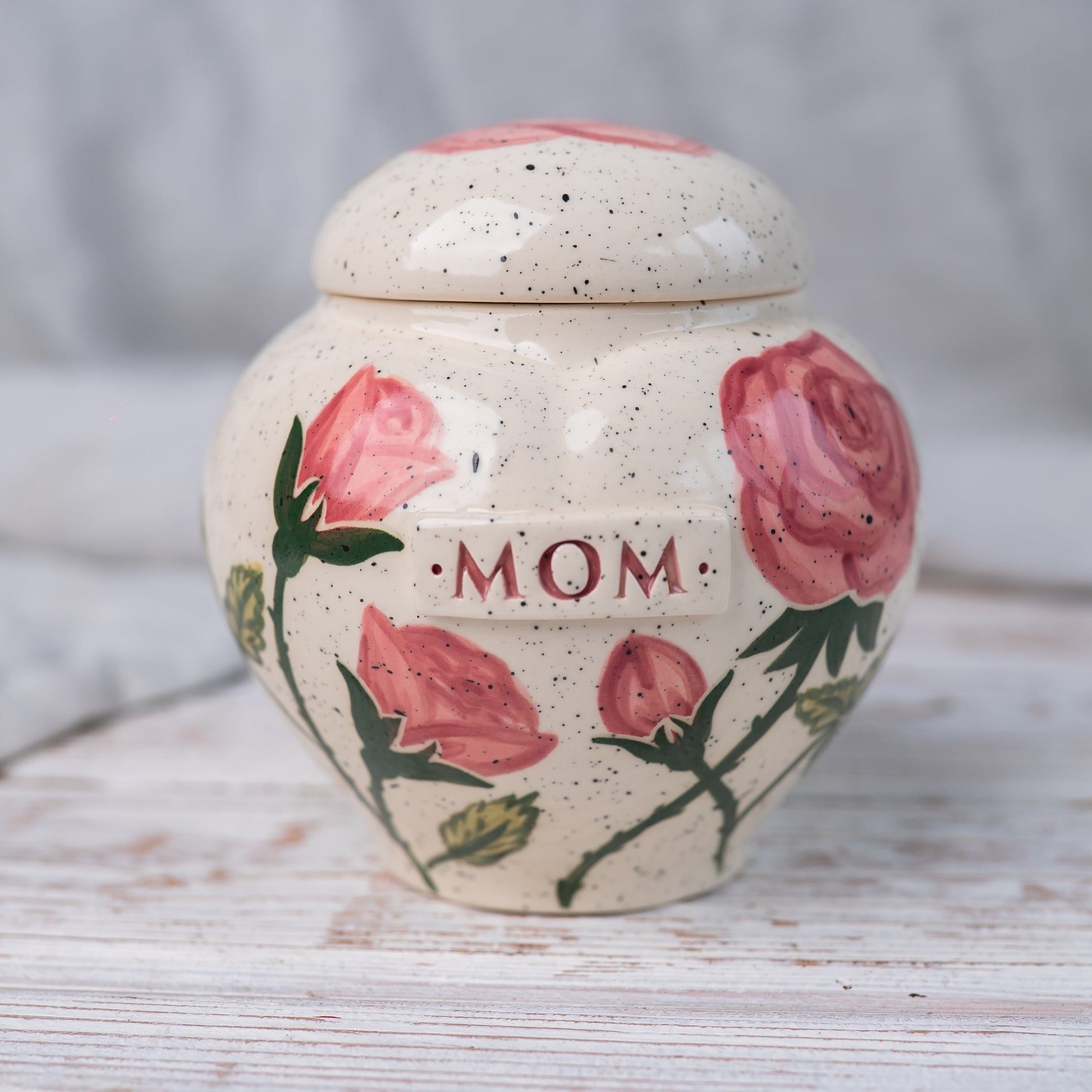 Hand-painted pink rose ceramic heart urn