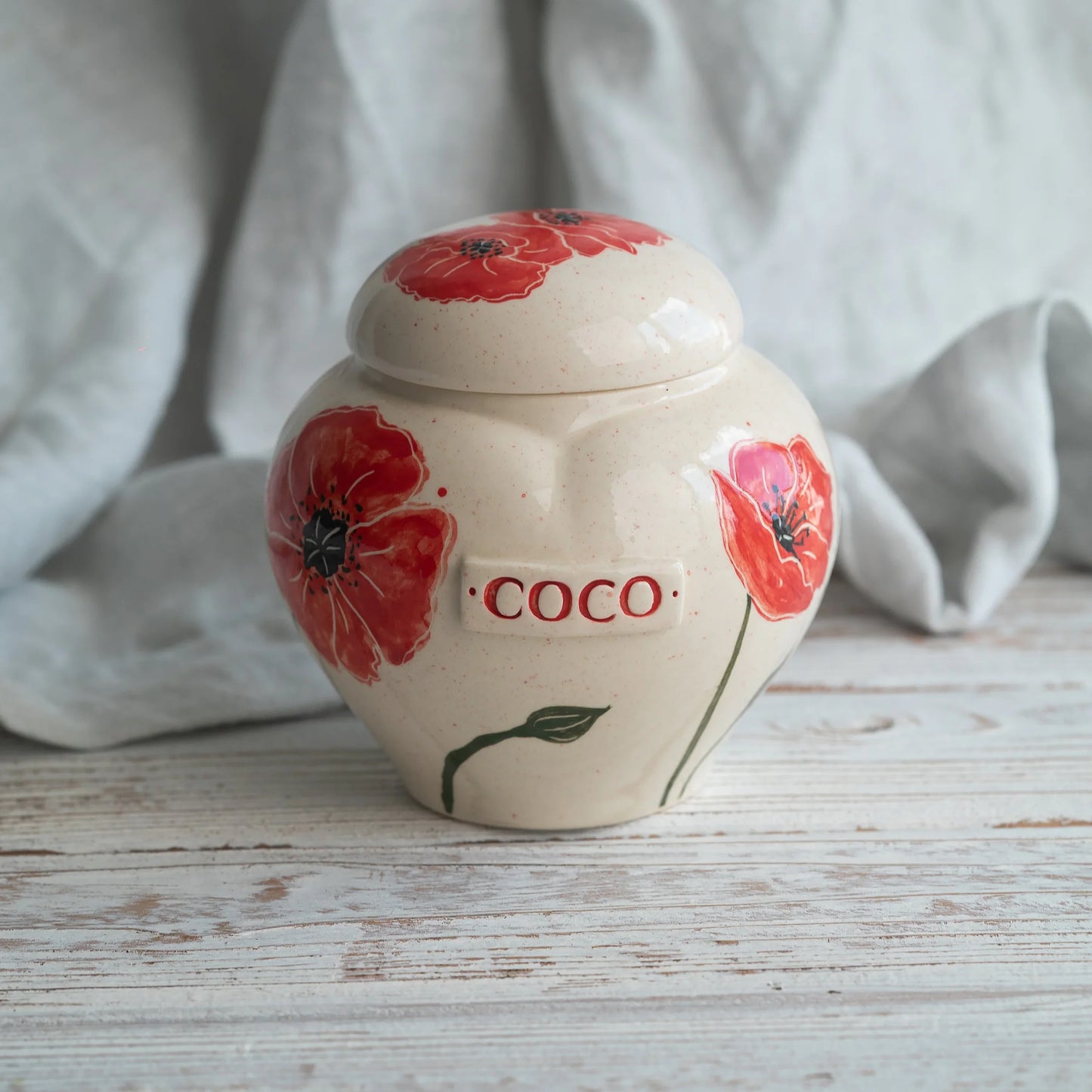 Hand-painted red poppy ceramic heart urn