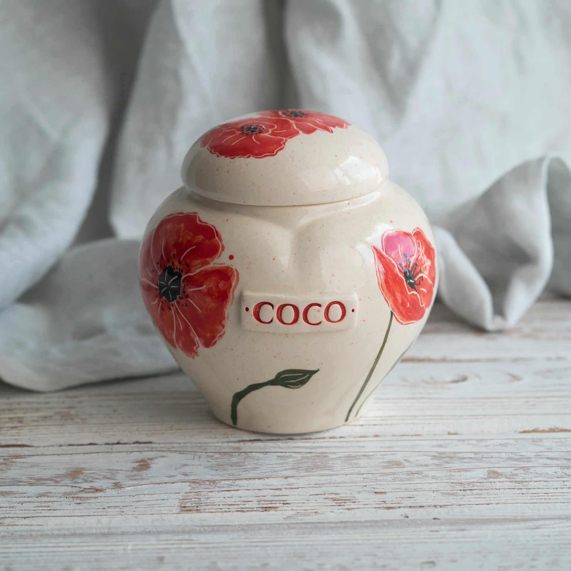Hand-painted red poppy ceramic heart urn