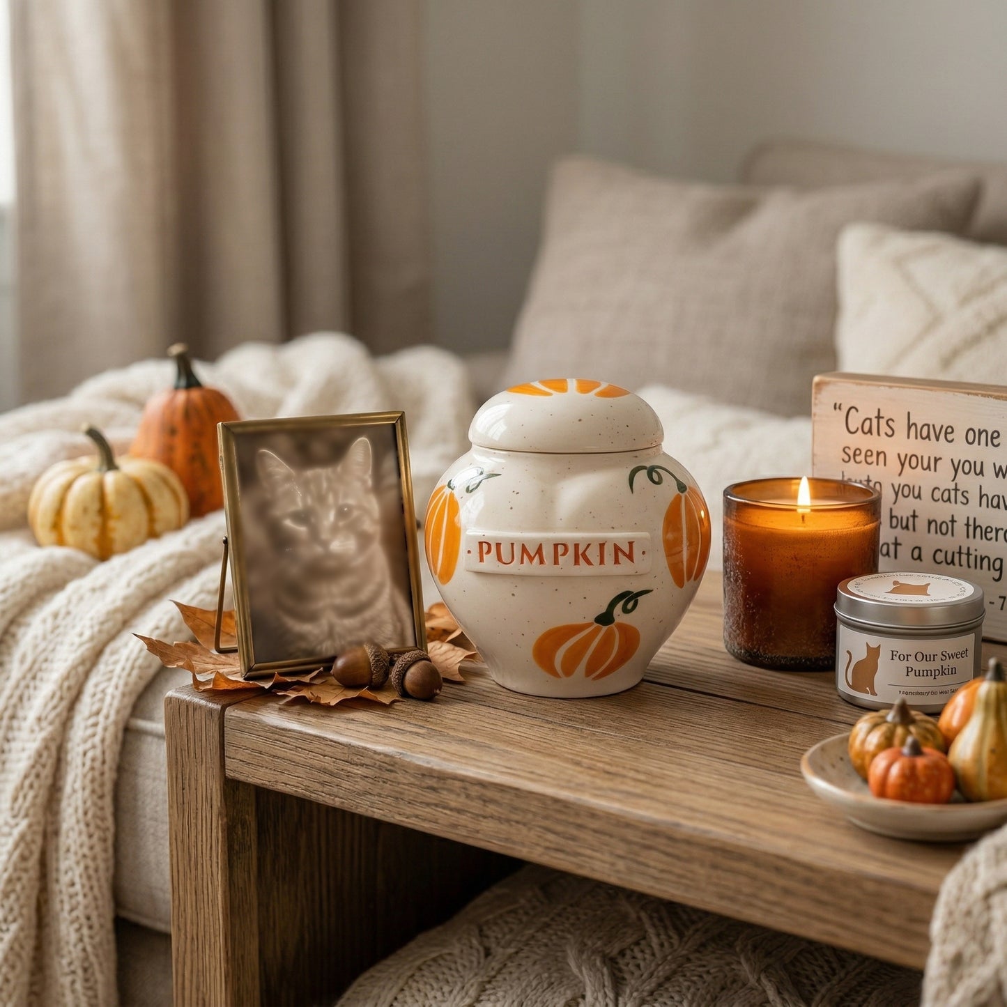 A warm autumn-themed home memorial display with a pumpkin cat ceramic heart urn on a wooden shelf.