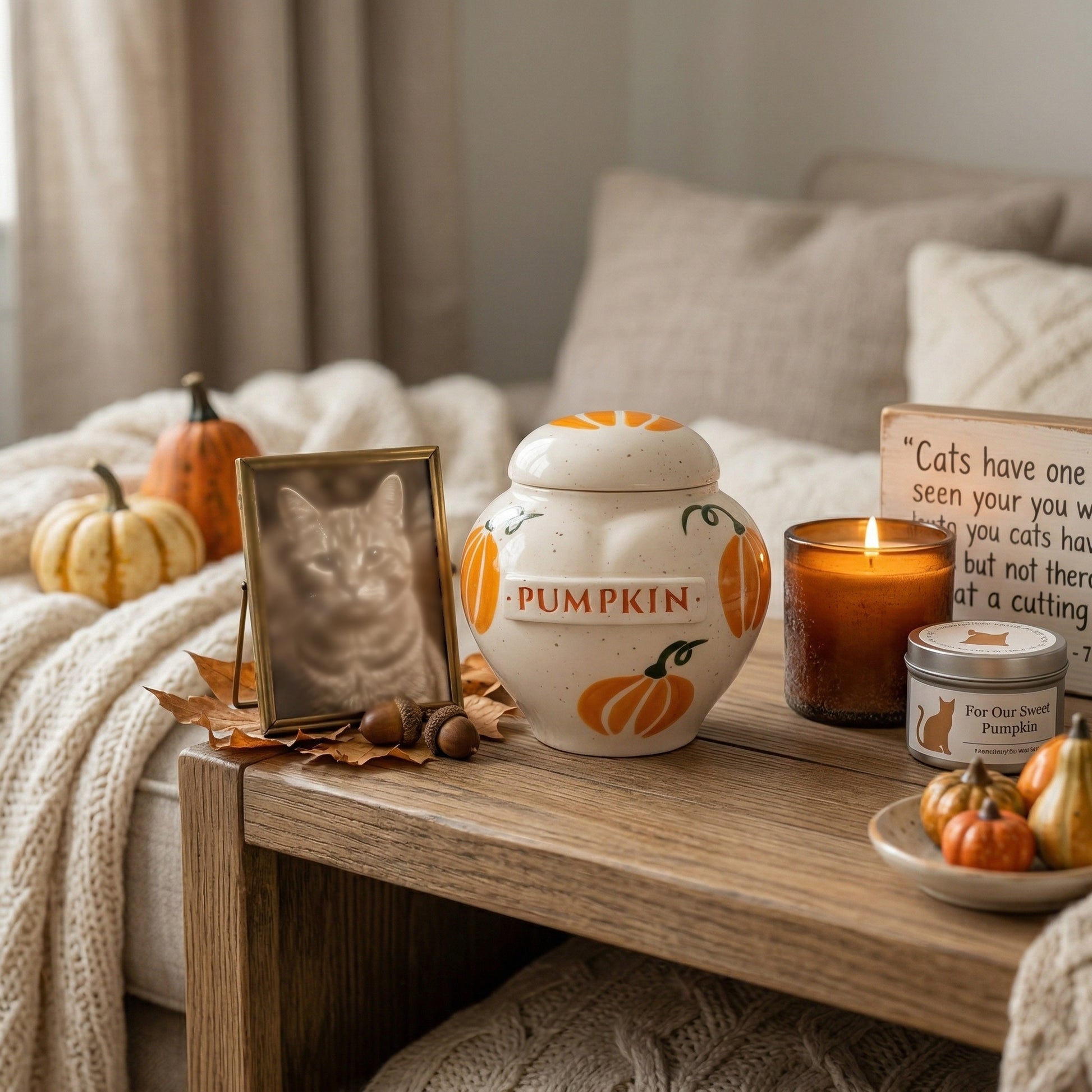 A warm autumn-themed home memorial display with a pumpkin cat ceramic heart urn on a wooden shelf.