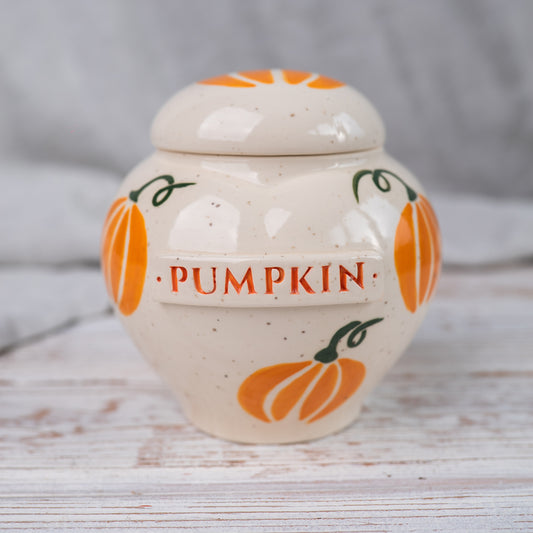 Hand-painted ceramic heart-shaped urn with pumpkin tabby ginger cat by Mira Ceramics
