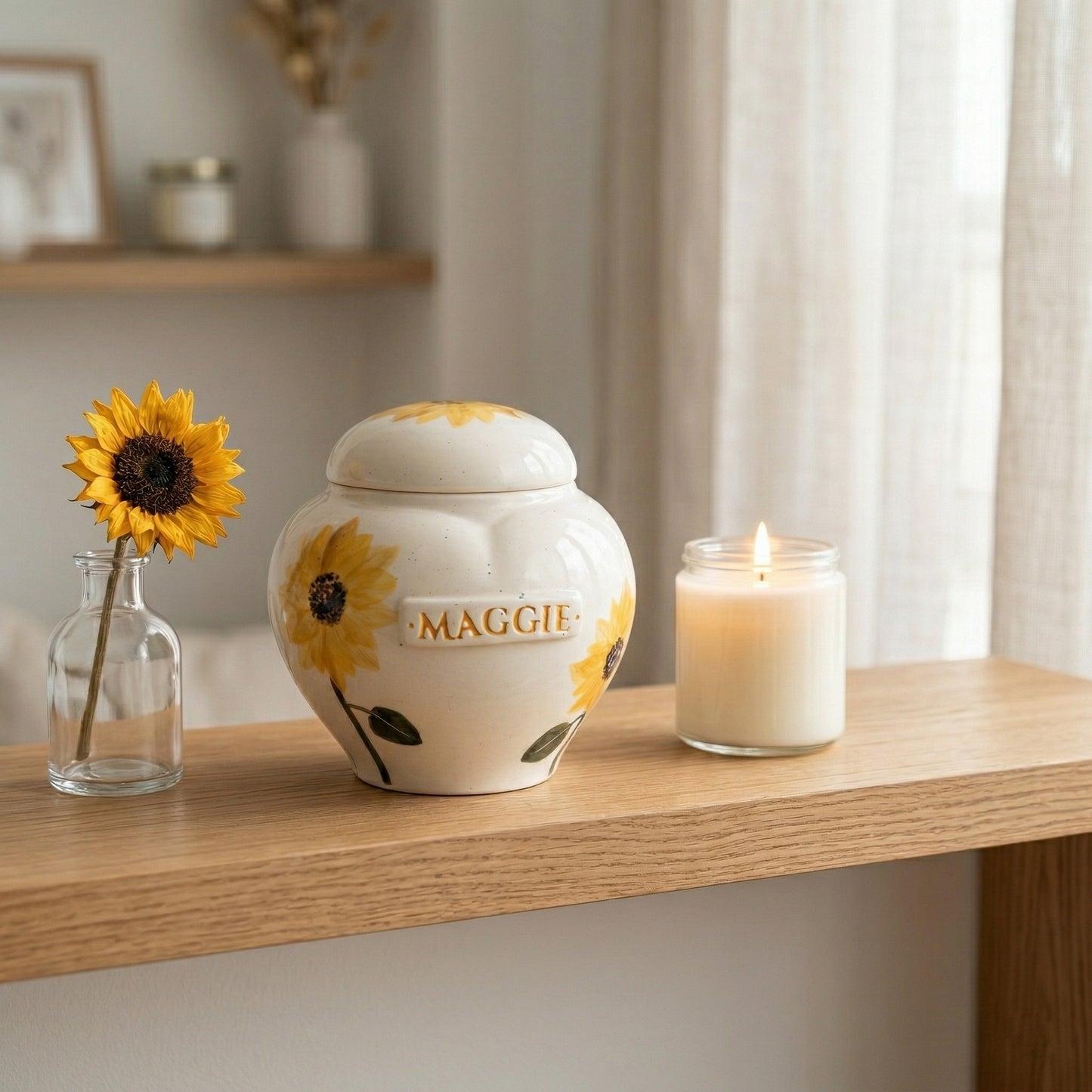 Sunflower ceramic heart urn in a cozy memory corner
