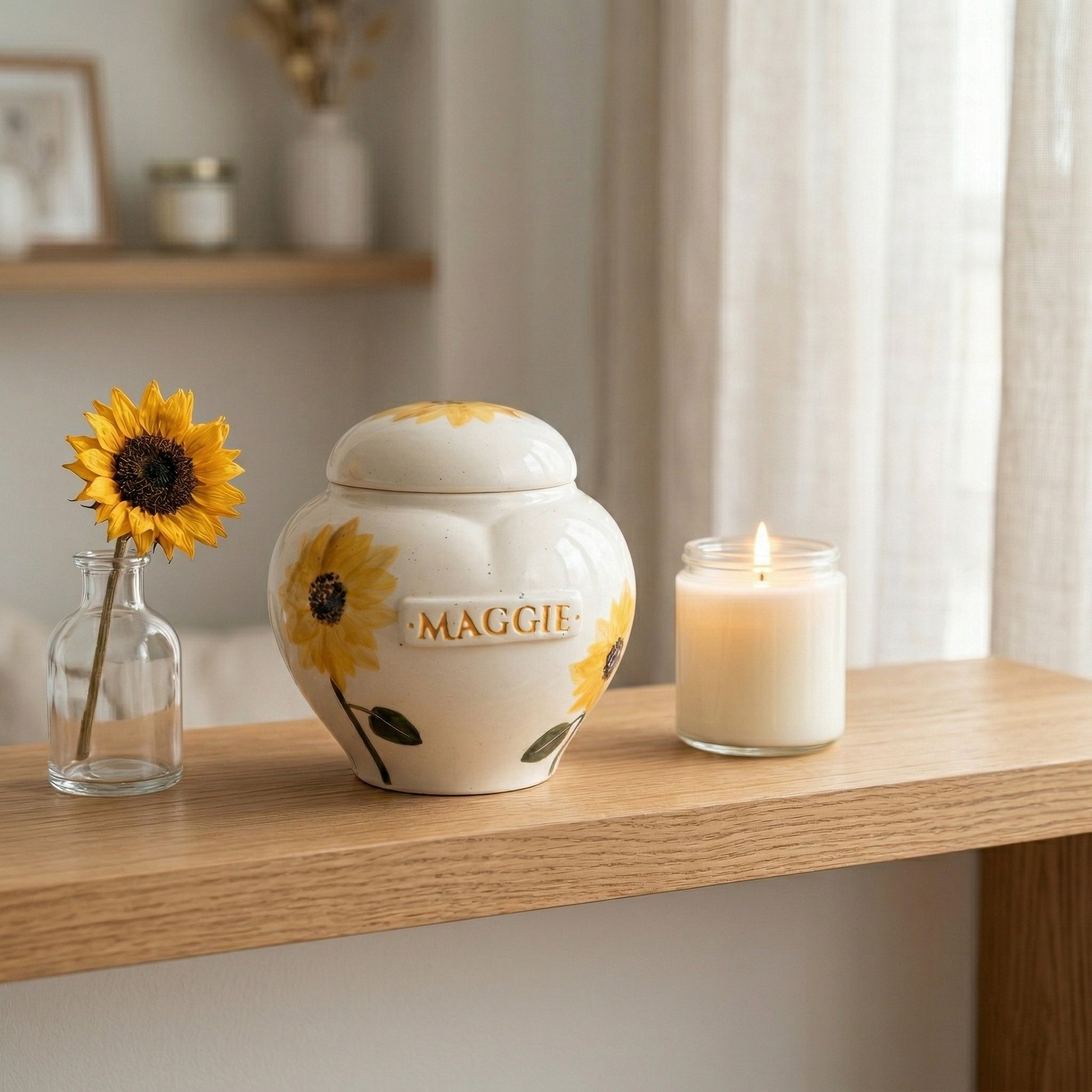 Sunflower ceramic heart urn in a cozy memory corner