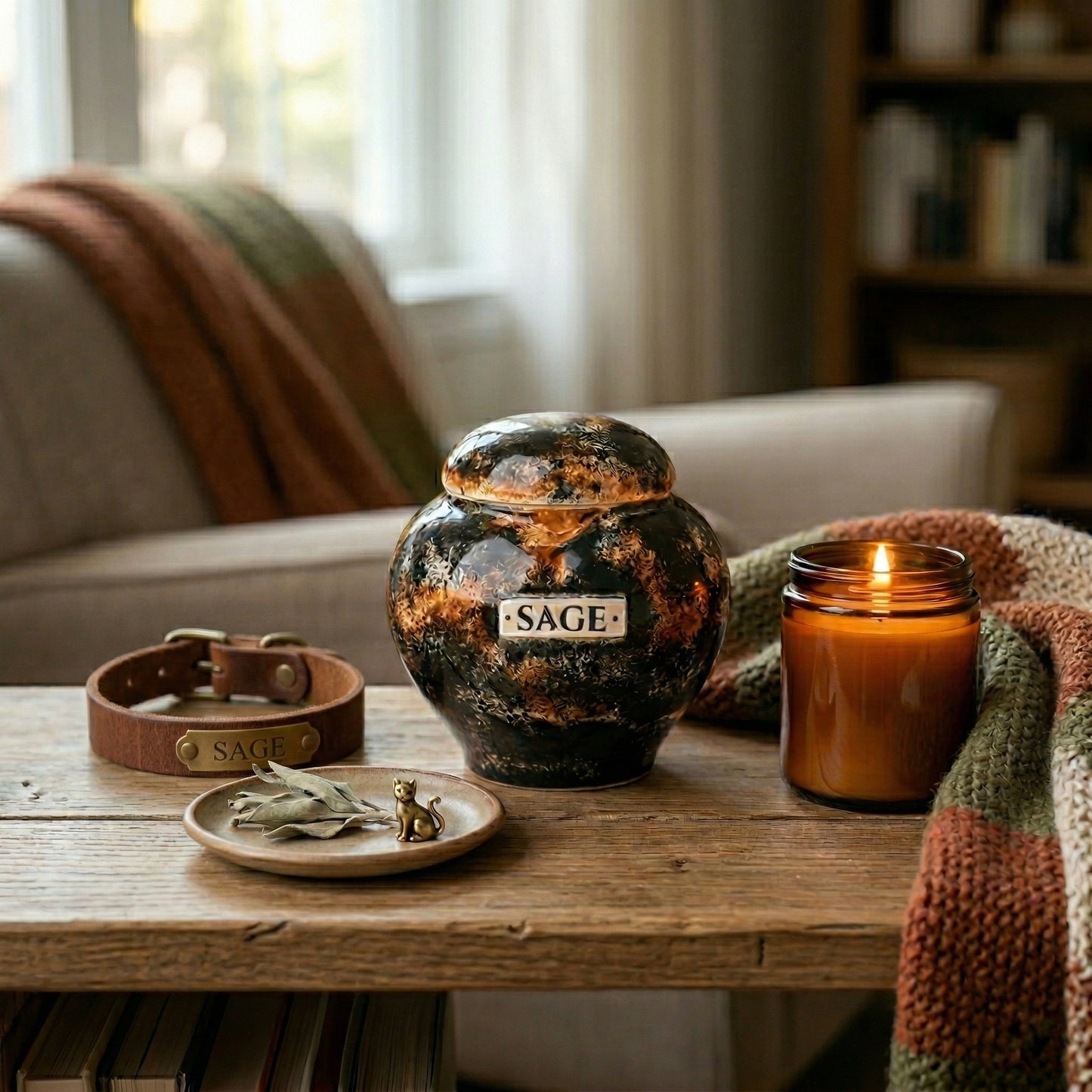 Tortoiseshell cat ceramic heart urn in a cozy memory corner