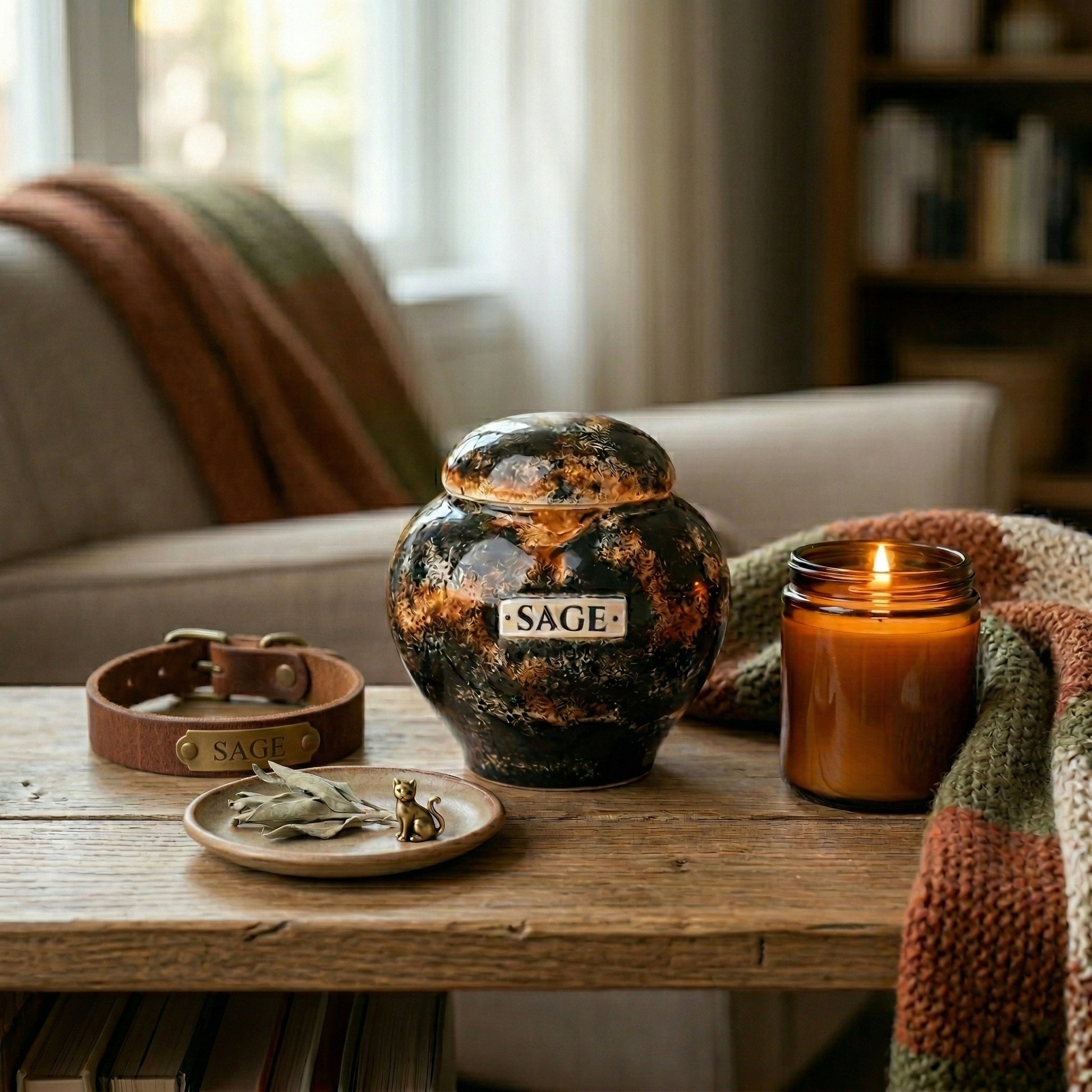Tortoiseshell cat ceramic heart urn in a cozy memory corner