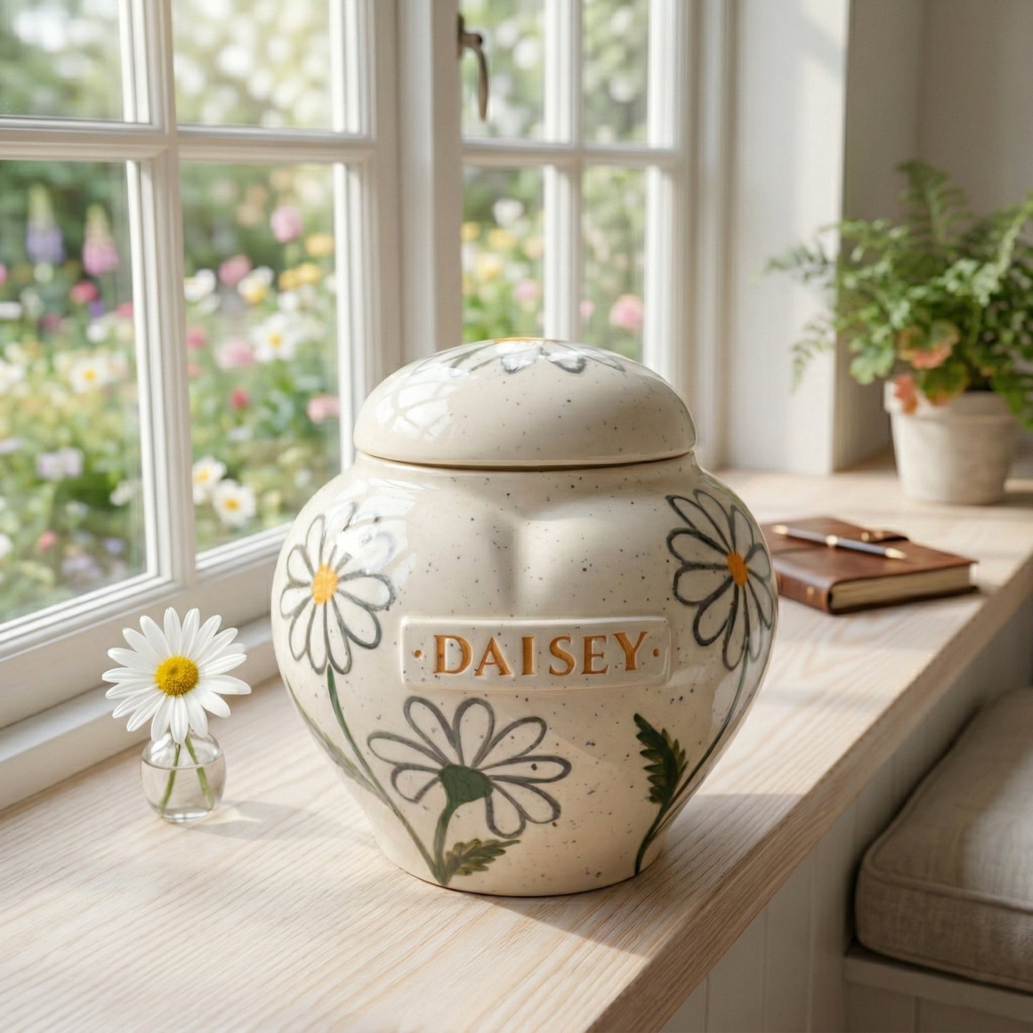 White Daisy Heart-Shaped Ceramic Pet Memorial Urn | Mira Ceramics