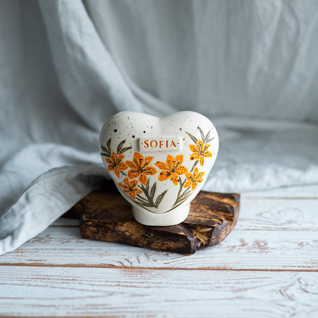 Heart Keepsake for Human or Pet Ashes: Lily Flower Memorial Ceramic Urn