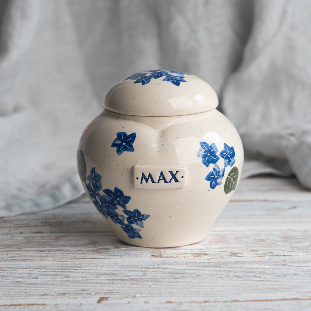 Floral Pet Urn,Hydrangea Ceramic Urn for Ashes, Creamation Urn, Heart Urn for Pets, Dog Urn, Cat Urn