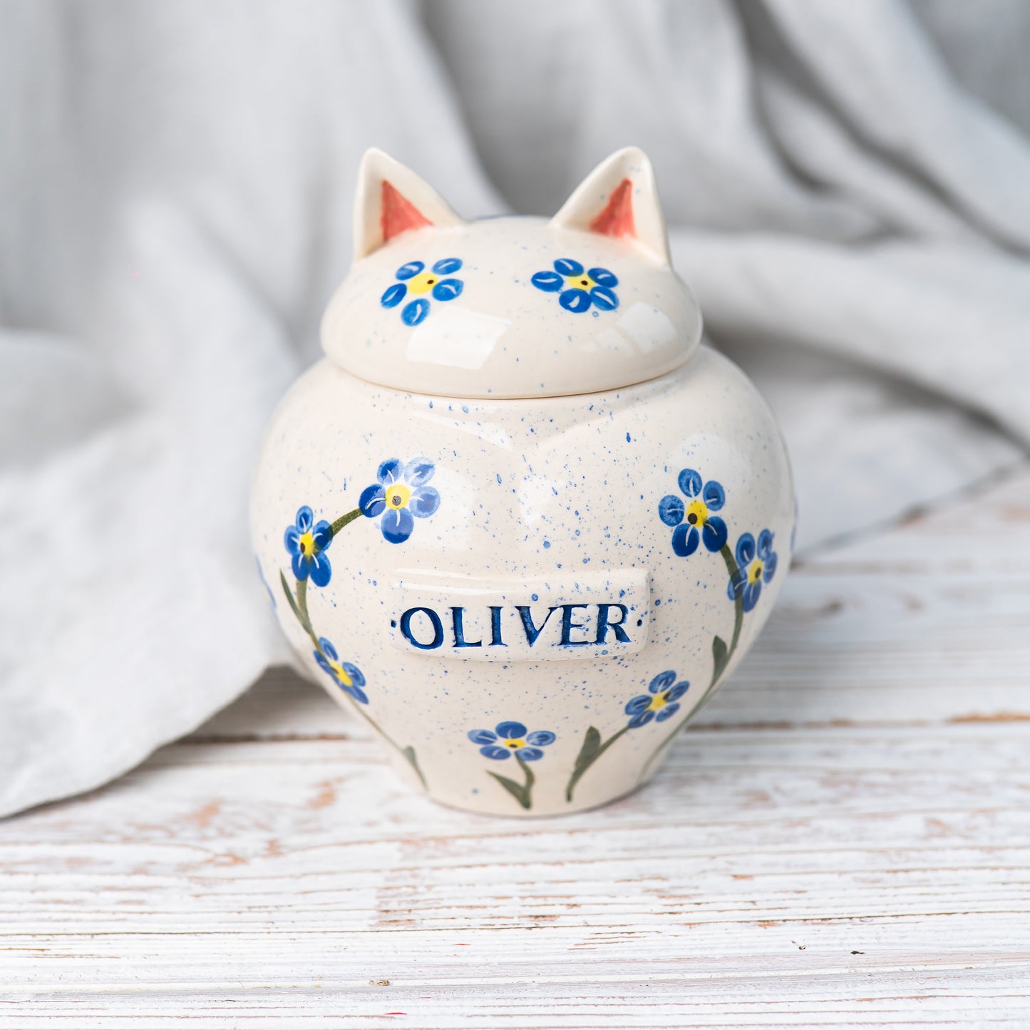 Forget-Me-Not Cat Urn: Ceramic Memorial with Cat Ears