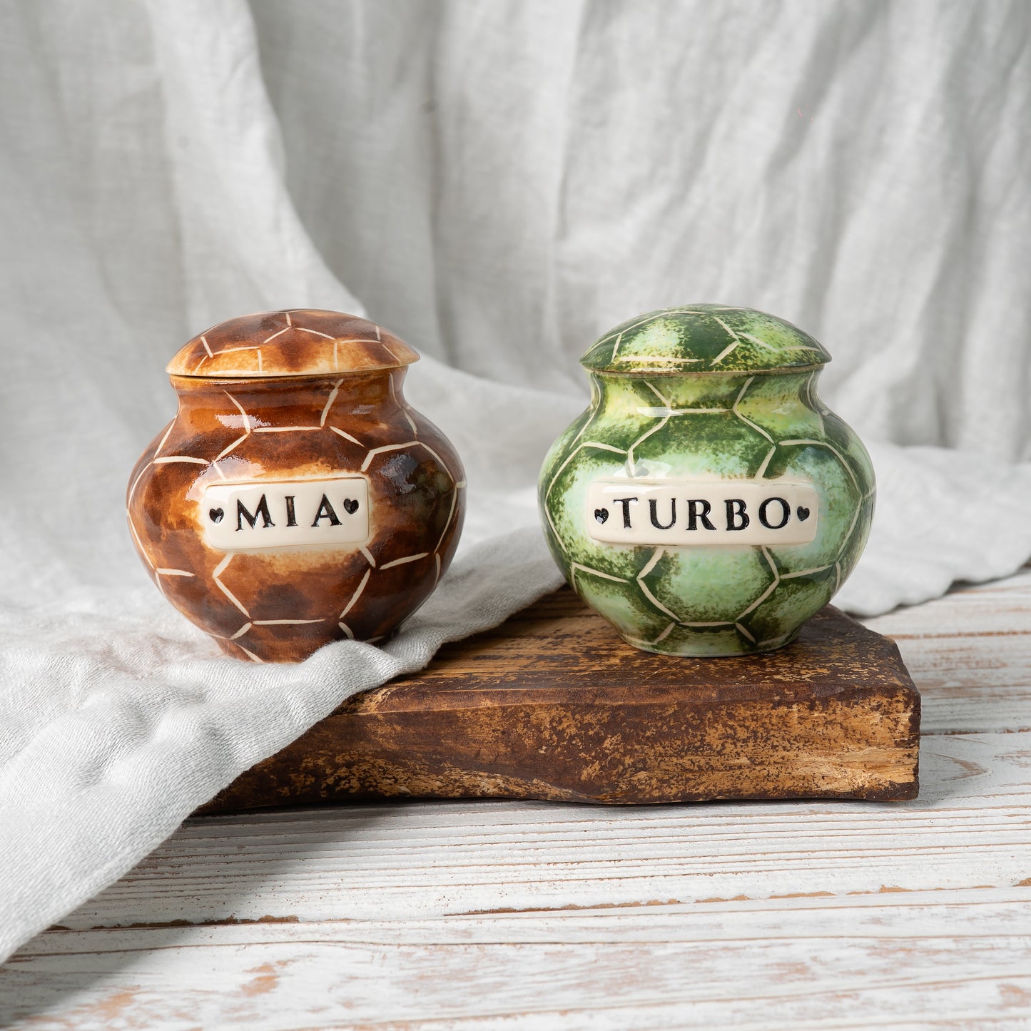 Personalized turtle ceramic urn for pet ashes with handcrafted tortoise details front view