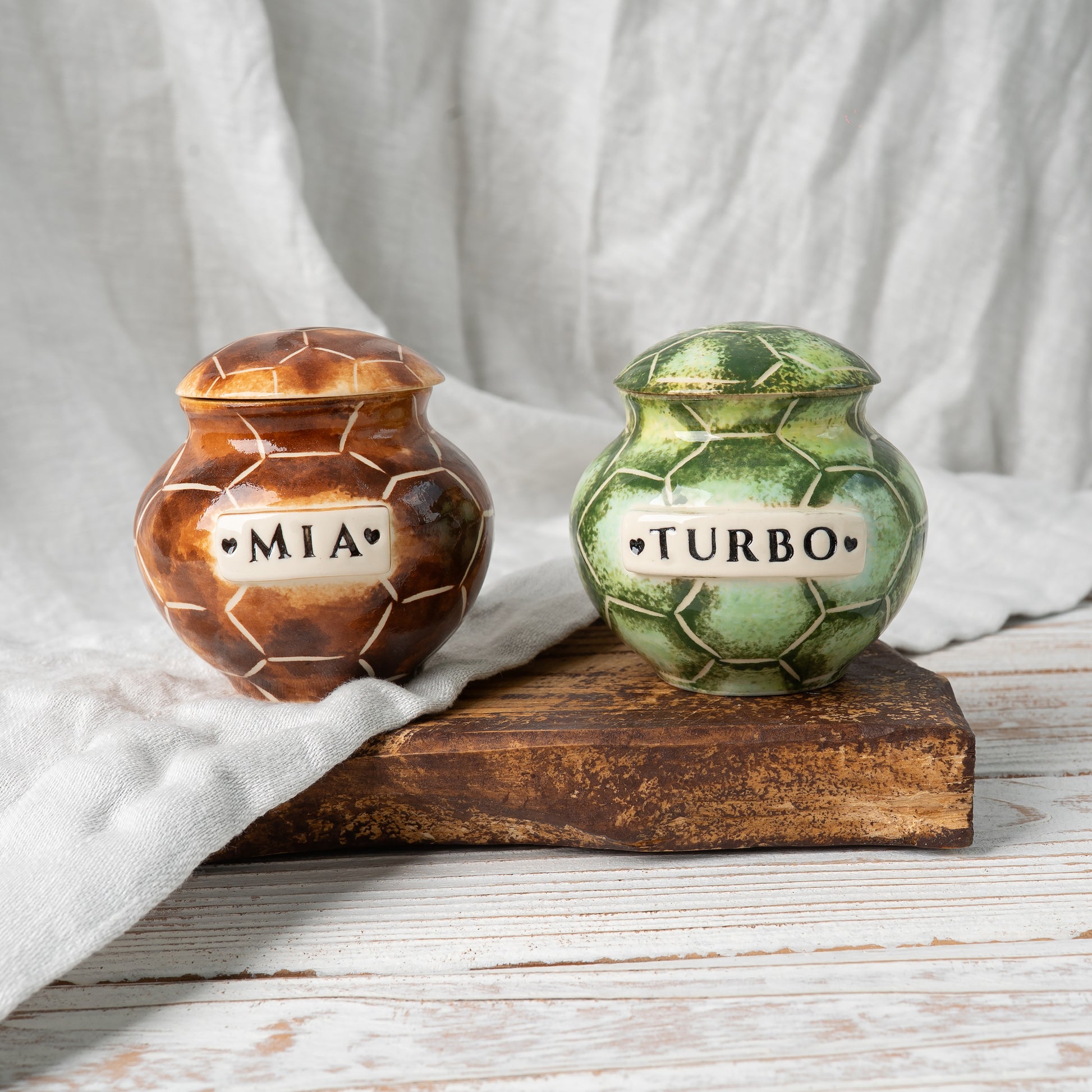 Personalized turtle ceramic urn for pet ashes with handcrafted tortoise details front view