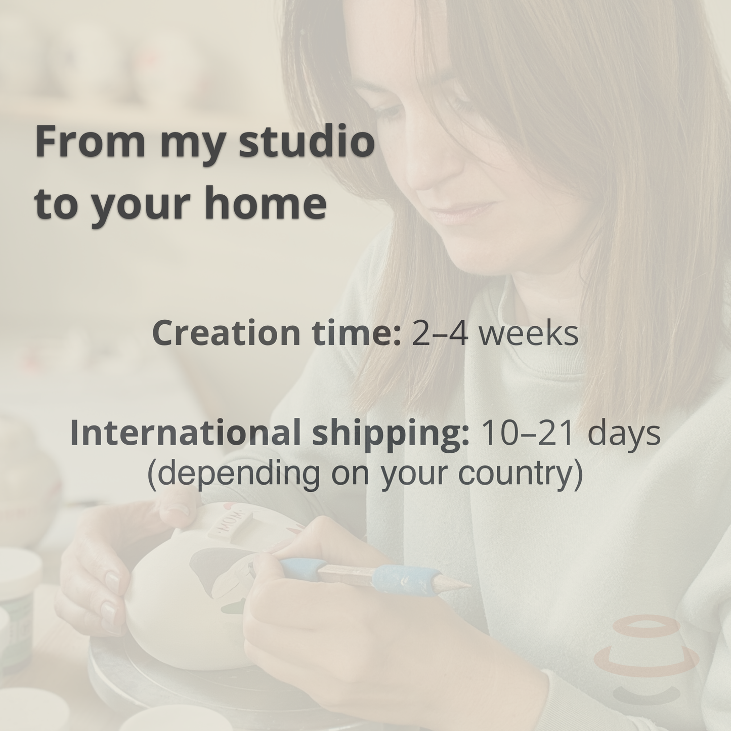 Infographic showing processing time and international shipping estimates for Mira Ceramics urns