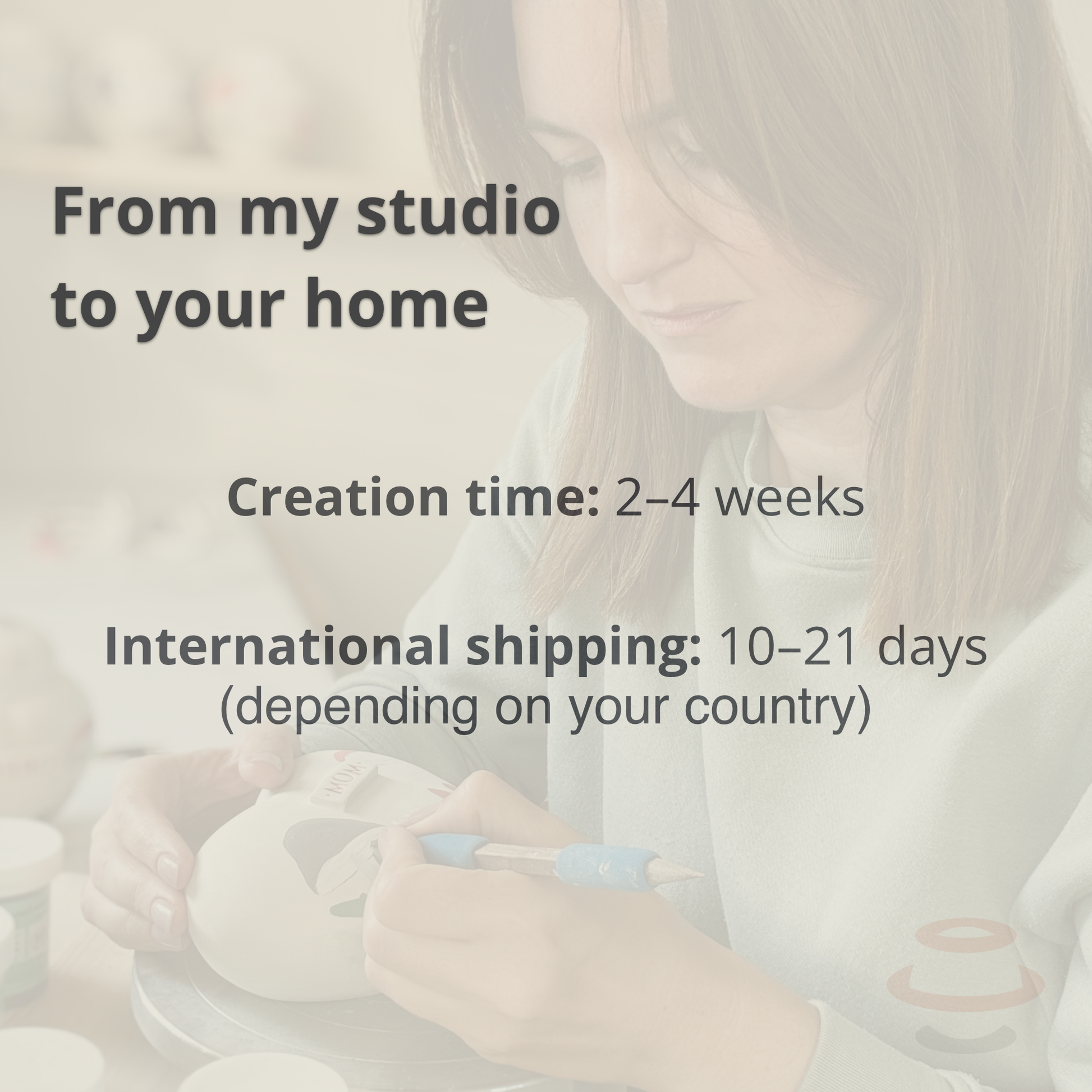 Infographic showing processing time and international shipping estimates for Mira Ceramics urns