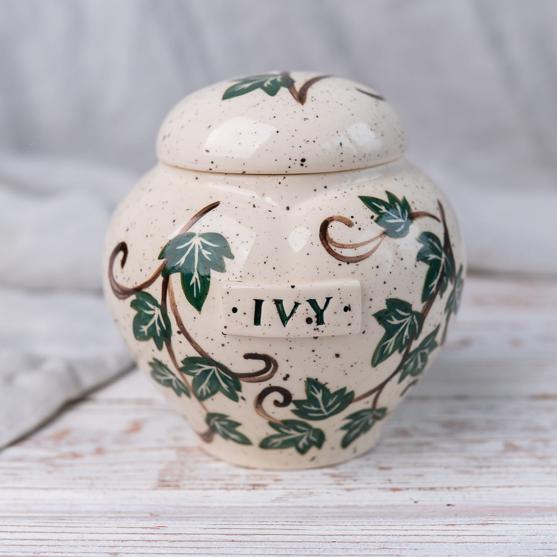 Heart ceramic ivy pet cremation urn for ashes with green ivy vine design front view