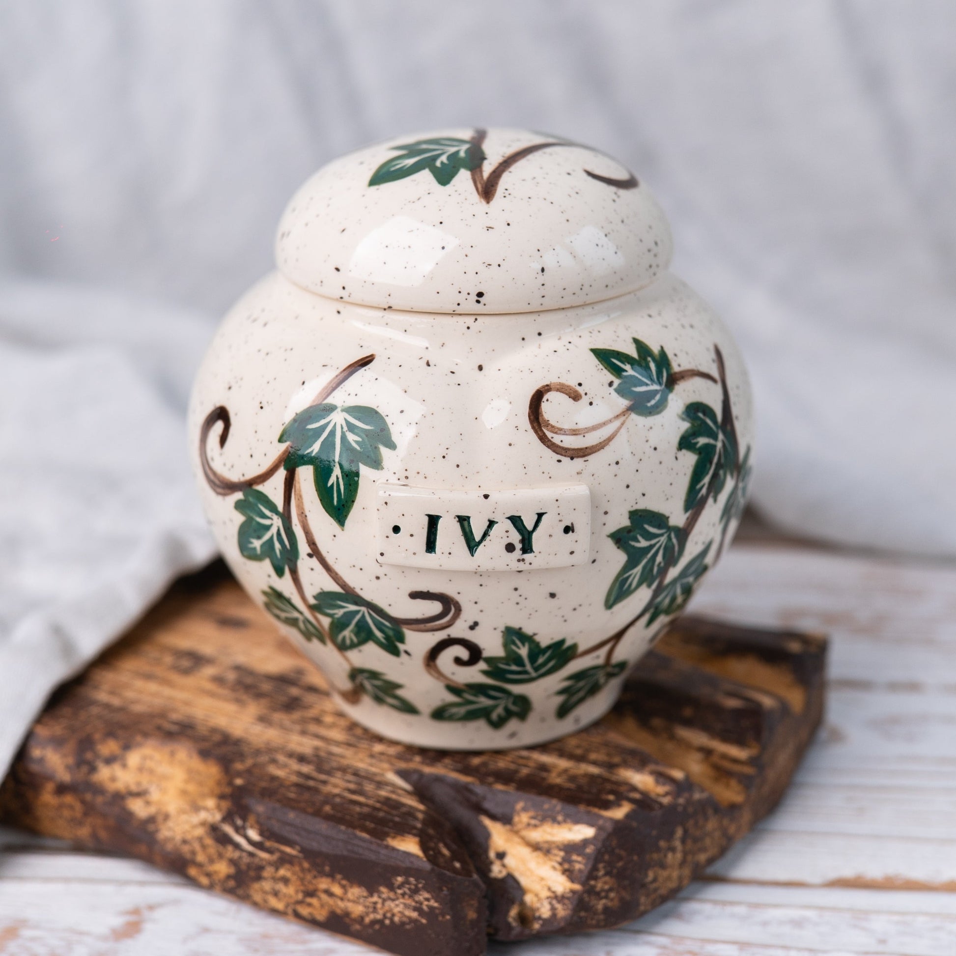 Heart ceramic ivy pet cremation urn for ashes with green ivy vine design front view.