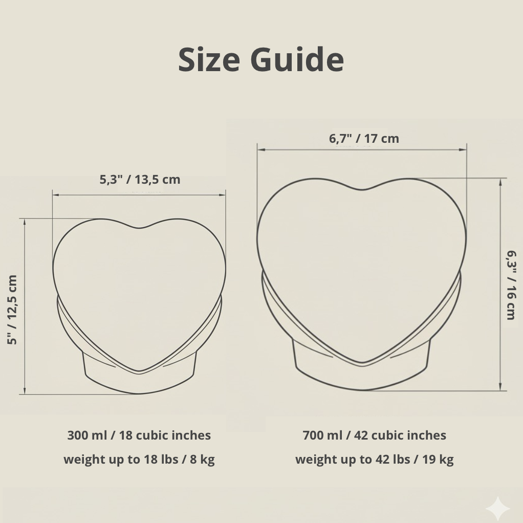 Size guide and capacity chart for heart-shaped ceramic urns with matching stands, showing Small (S) and Medium (M) dimensions in ml and lbs.