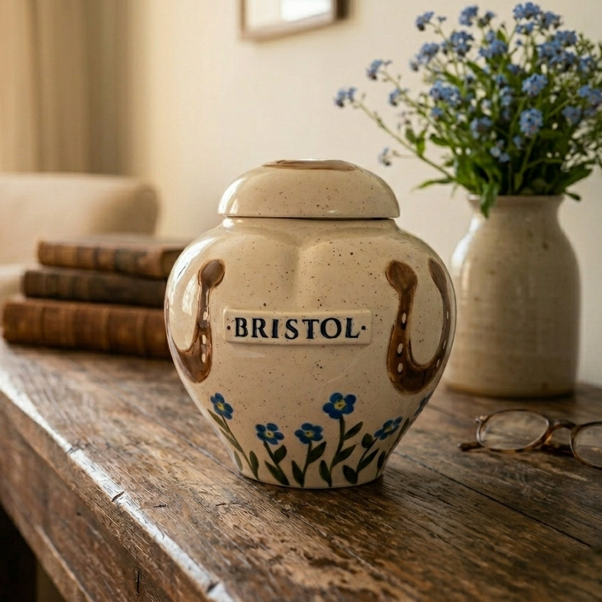 Forget-Me-Not ceramic horse urn in a cozy, sunlit home interior