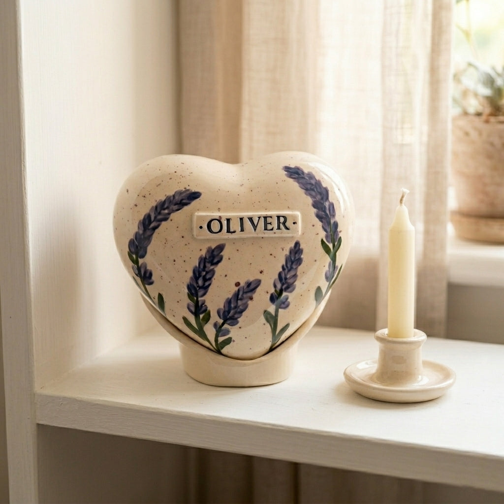 A peaceful home memorial display with a lavender flower heart urn on a wooden shelf next to a small candle.