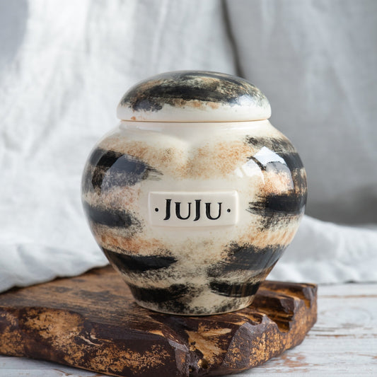 Hand-painted mackerel striped tabby ceramic heart-shaped pet memorial urn.